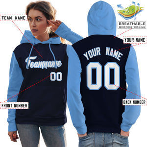 Custom Navy White-Light Blue Raglan Sleeves Pullover Personalized Team Sweatshirt Hoodie