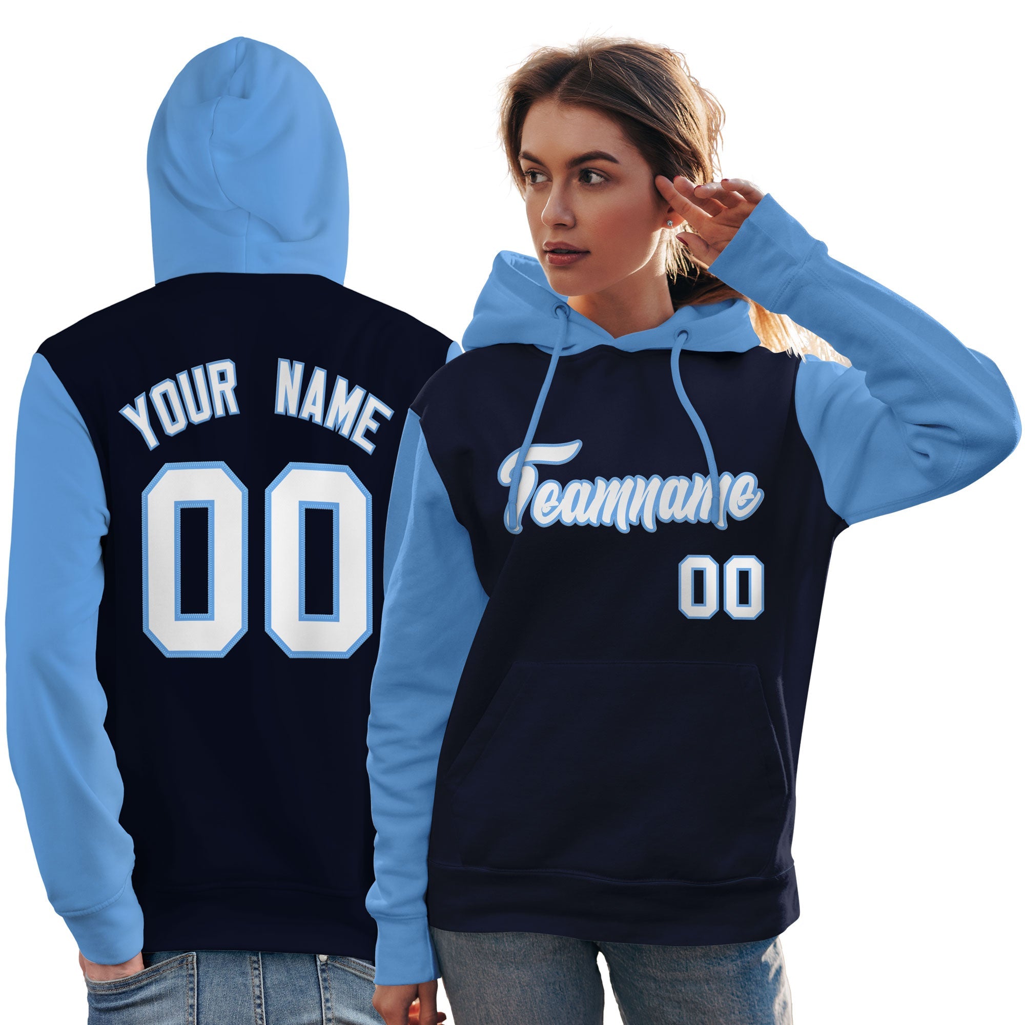 Custom Navy White-Light Blue Raglan Sleeves Pullover Personalized Team Sweatshirt Hoodie