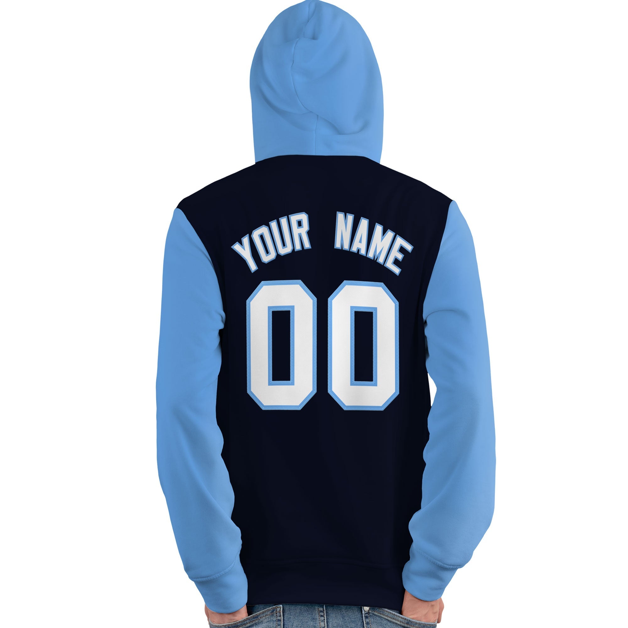 Custom Navy White-Light Blue Raglan Sleeves Pullover Personalized Team Sweatshirt Hoodie