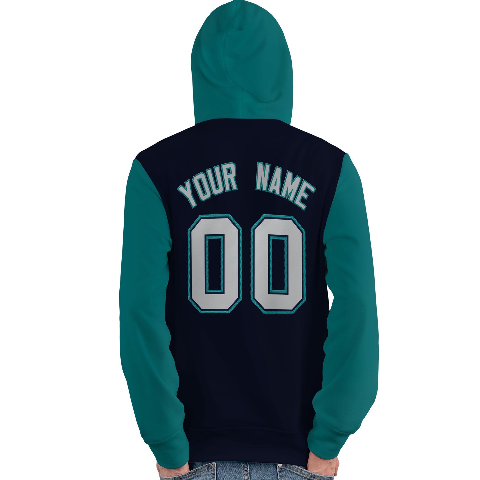 Custom Navy Gray-Aqua Raglan Sleeves Pullover Personalized Team Sweatshirt Hoodie