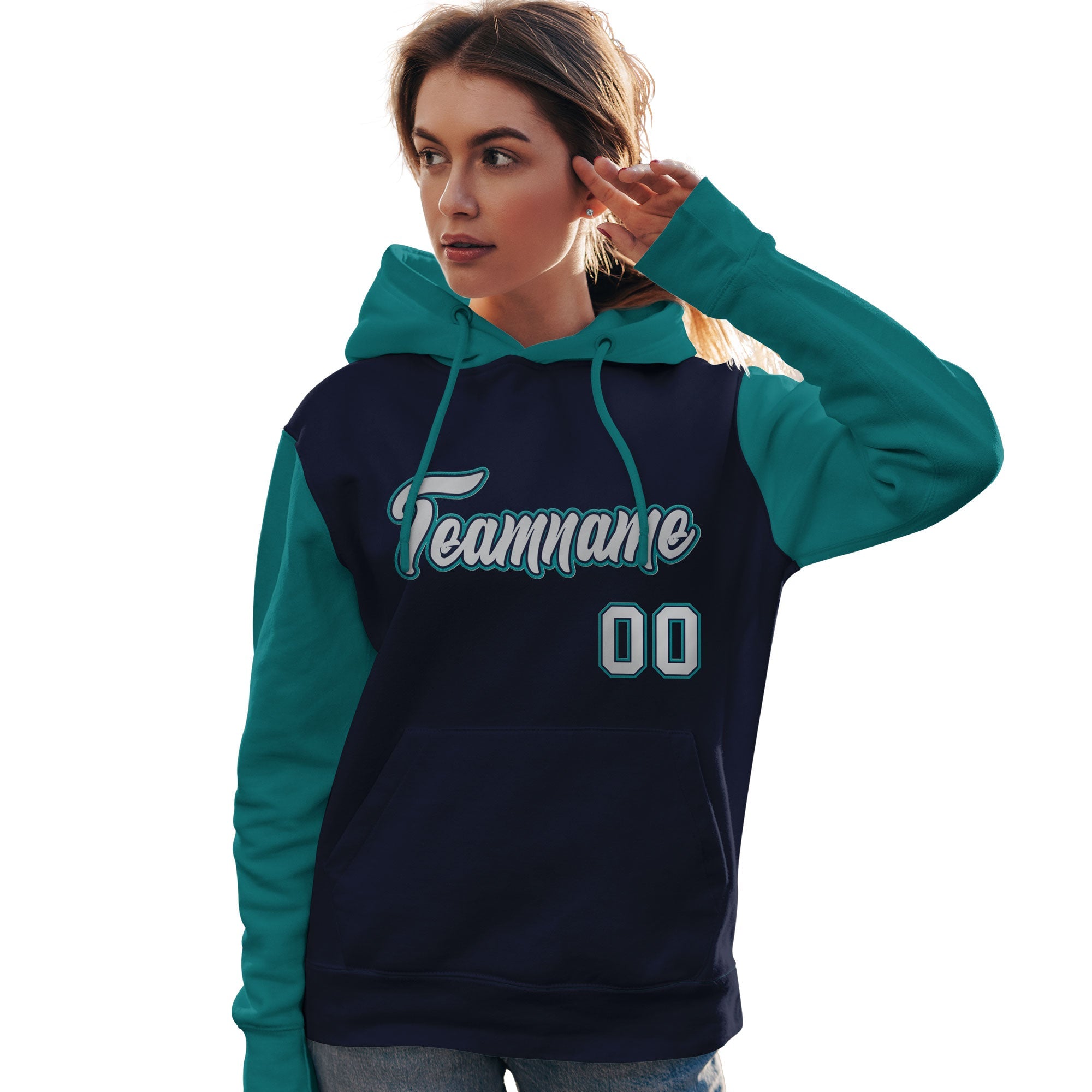 Custom Navy Gray-Aqua Raglan Sleeves Pullover Personalized Team Sweatshirt Hoodie