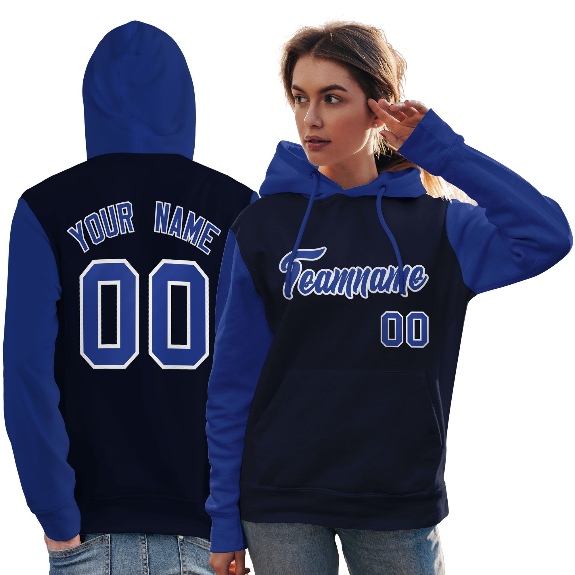 Custom Navy Royal-White Raglan Sleeves Pullover Personalized Team Sweatshirt Hoodie