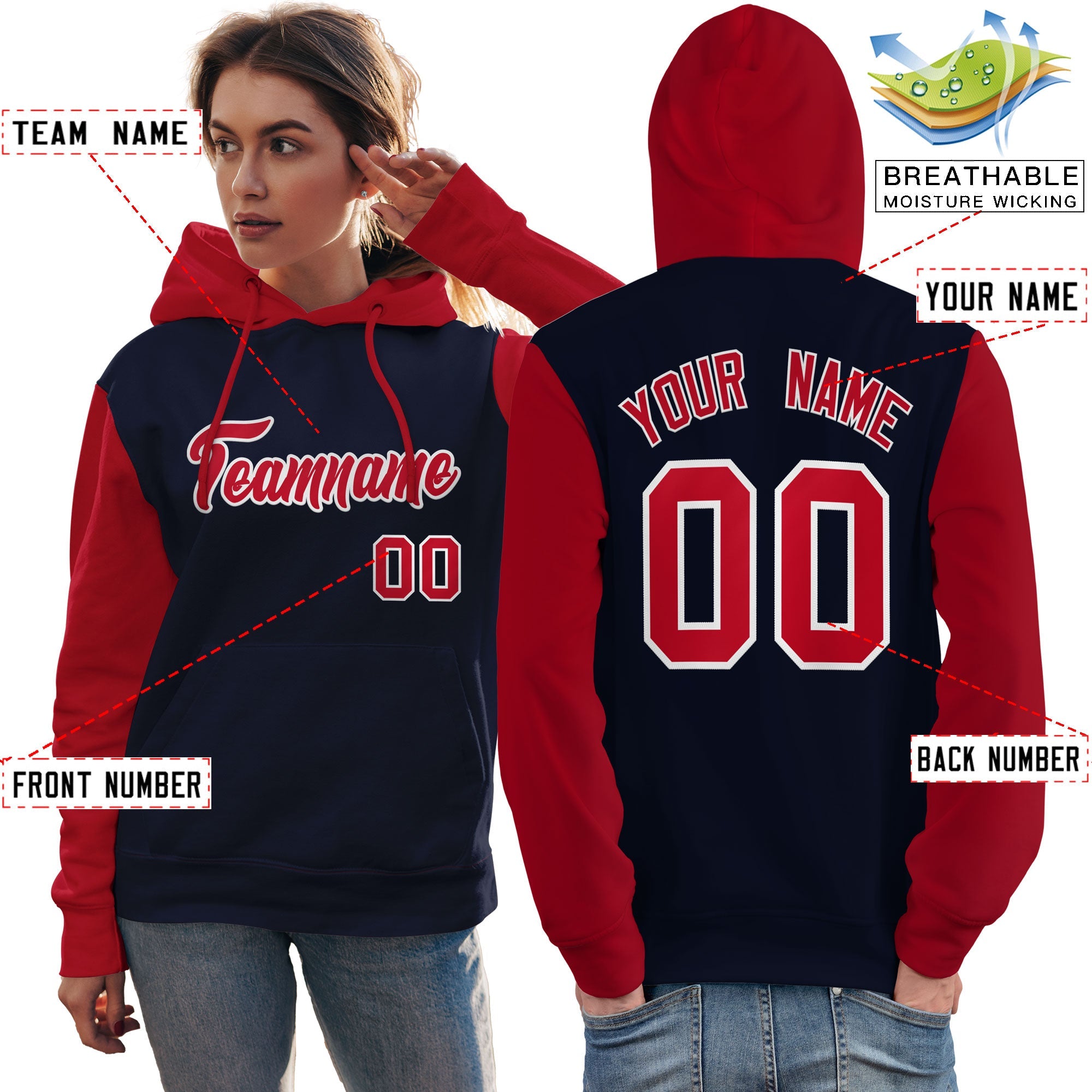 Custom Navy Red-White Raglan Sleeves Pullover Personalized Team Sweatshirt Hoodie