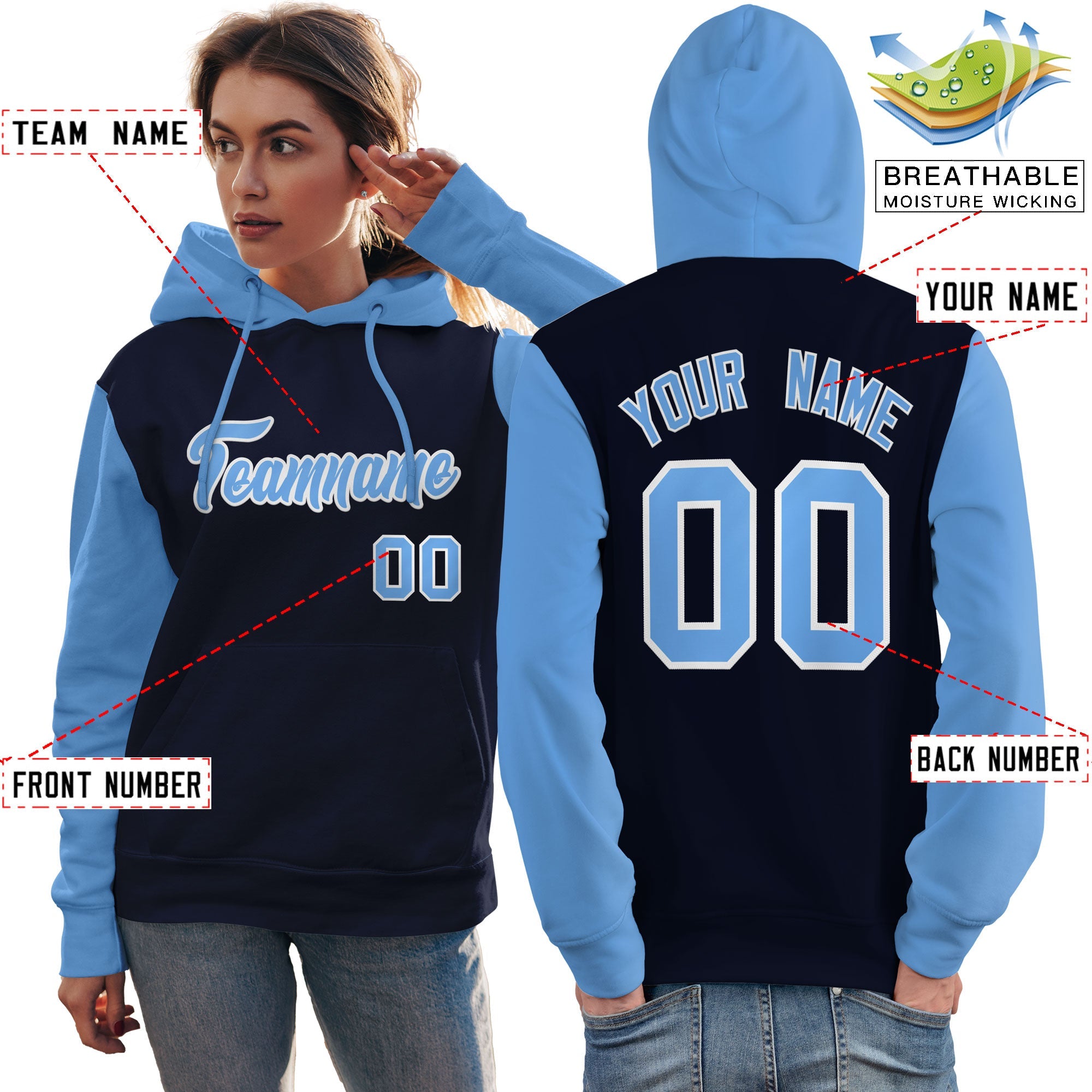 Custom Navy Light Blue-White Raglan Sleeves Pullover Personalized Team Sweatshirt Hoodie