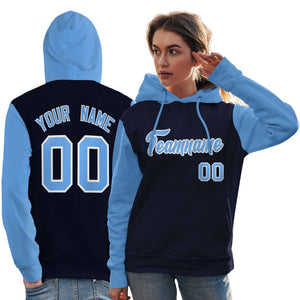 Custom Navy Light Blue-White Raglan Sleeves Pullover Personalized Team Sweatshirt Hoodie