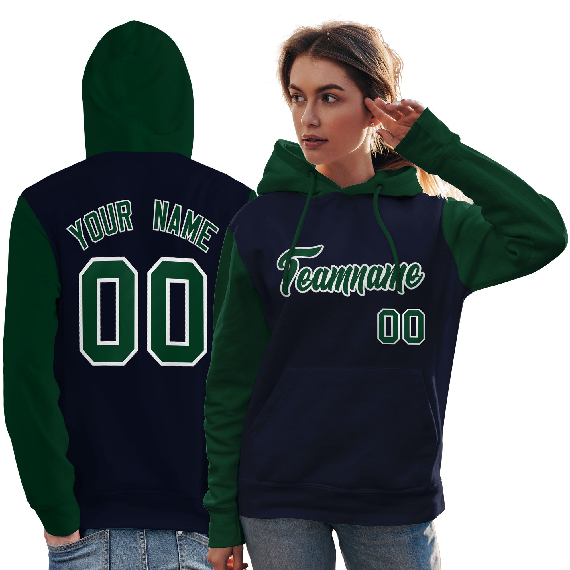 Custom Navy Green-White Raglan Sleeves Pullover Personalized Team Sweatshirt Hoodie