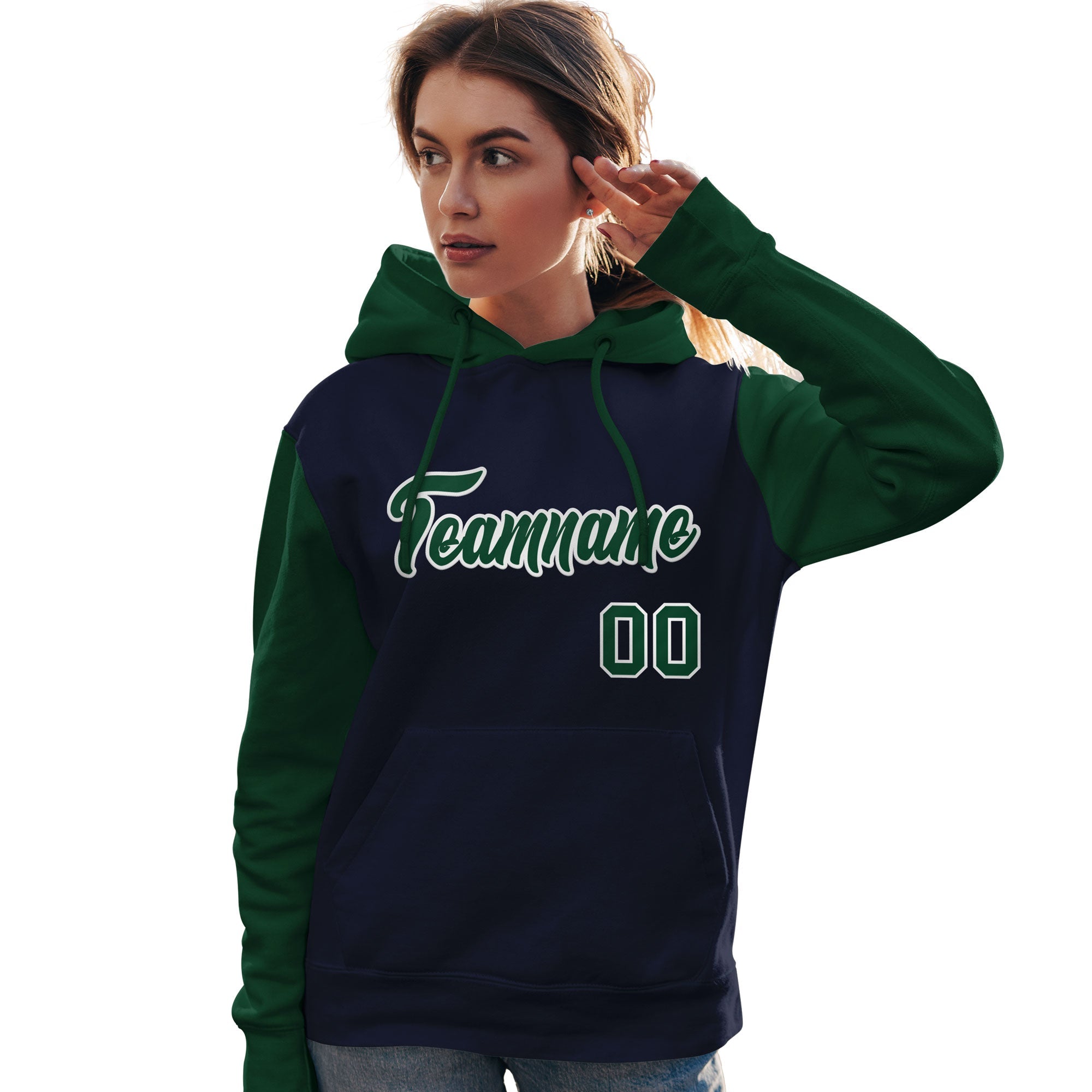 Custom Navy Green-White Raglan Sleeves Pullover Personalized Team Sweatshirt Hoodie