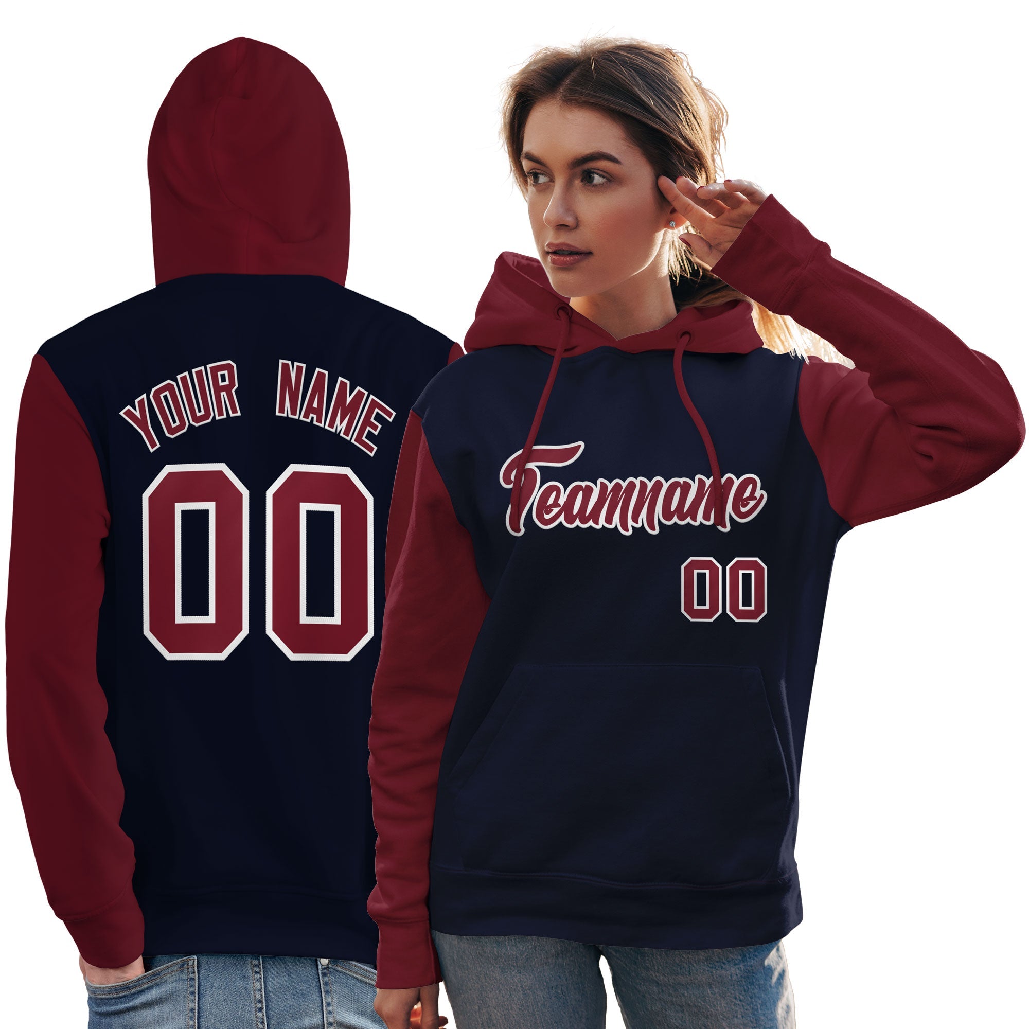 Custom Navy Crimson-White Raglan Sleeves Pullover Personalized Team Sweatshirt Hoodie