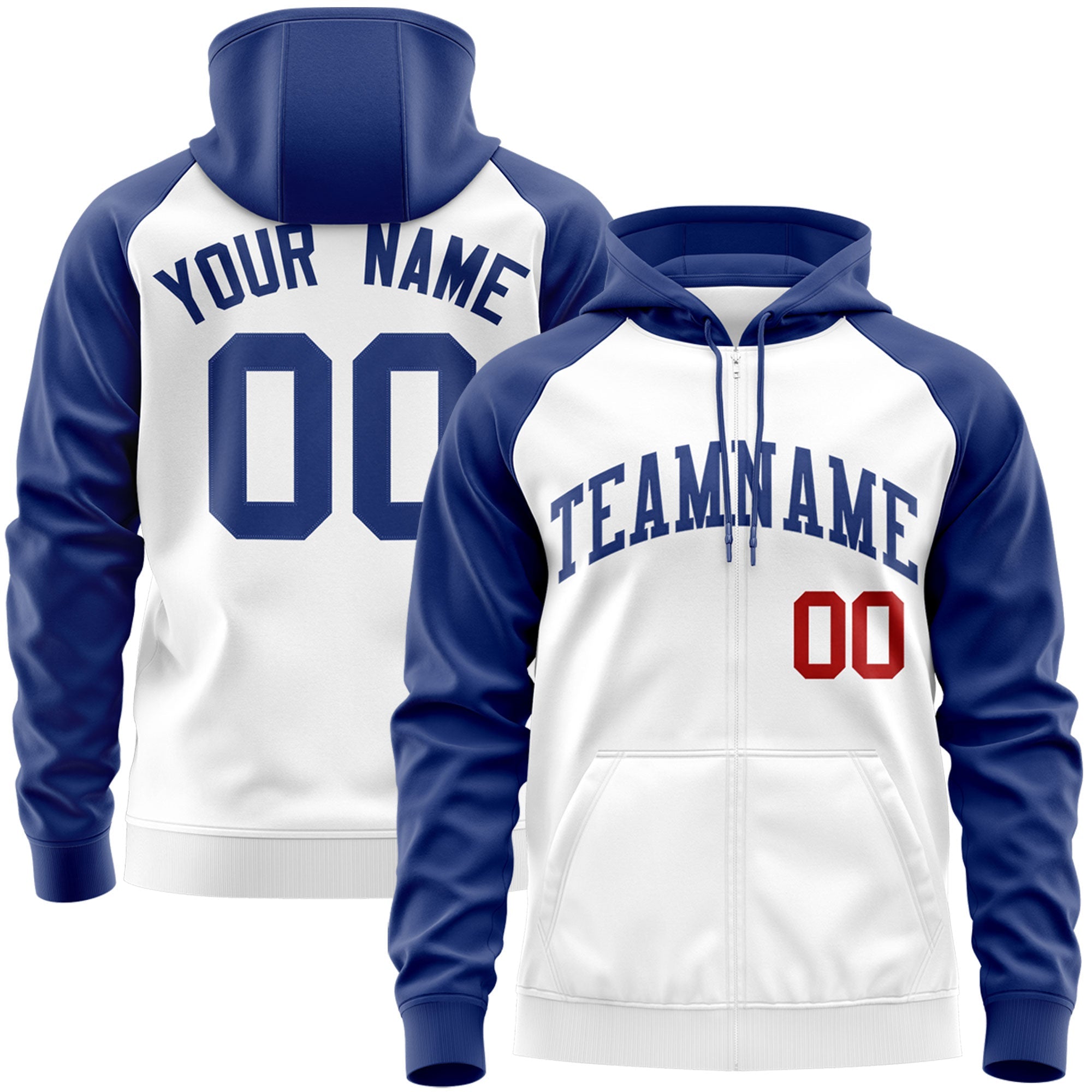 Custom Stitched White Royal Raglan Sleeves Sports Full-Zip Sweatshirt Hoodie