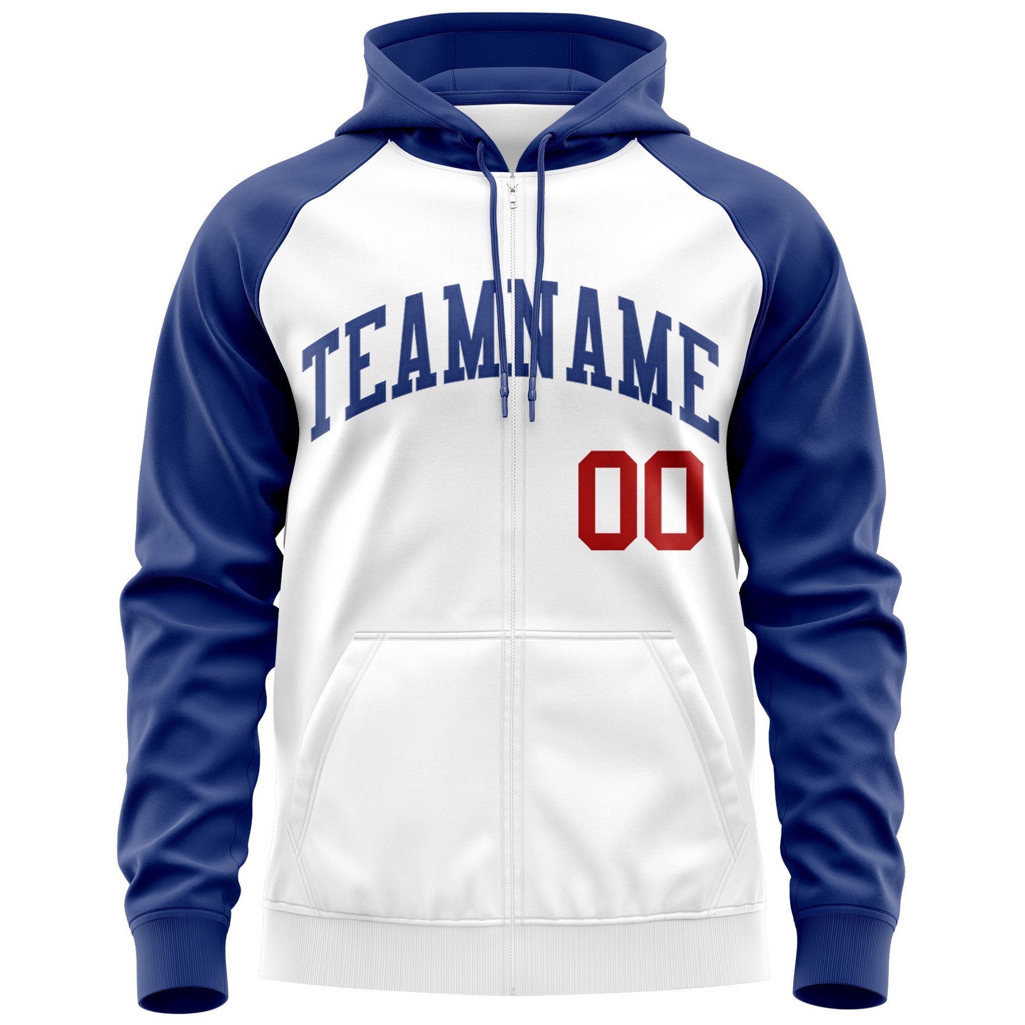 Custom Stitched White Royal Raglan Sleeves Sports Full-Zip Sweatshirt Hoodie