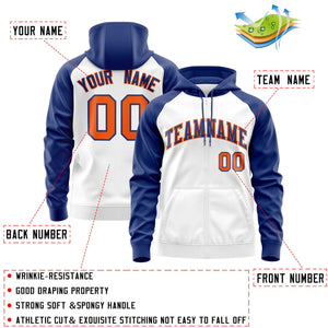 Custom Stitched White Royal-Orange Raglan Sleeves Sports Full-Zip Sweatshirt Hoodie