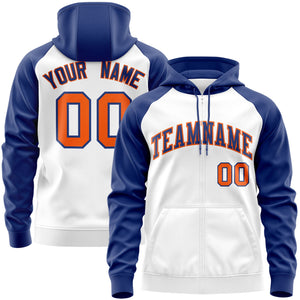 Custom Stitched White Royal-Orange Raglan Sleeves Sports Full-Zip Sweatshirt Hoodie