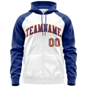 Custom Stitched White Royal-Orange Raglan Sleeves Sports Full-Zip Sweatshirt Hoodie