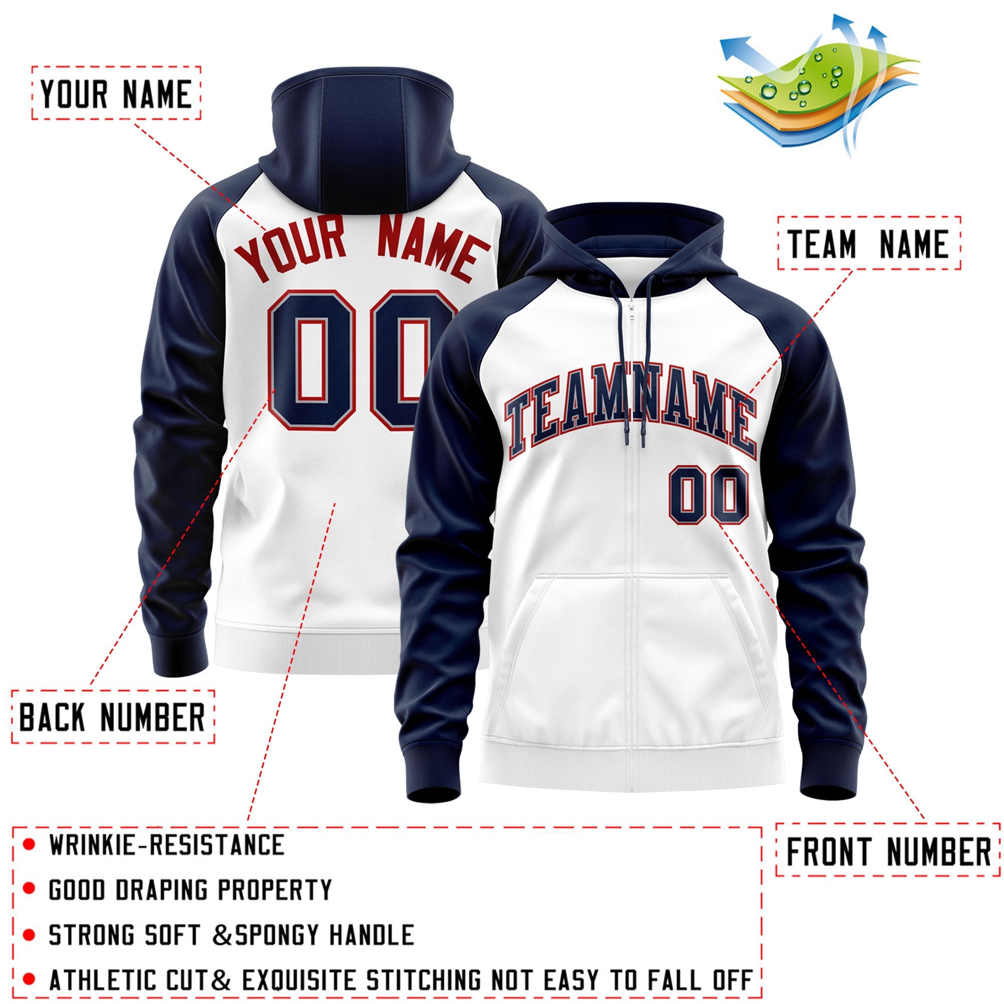 Custom Stitched White Navy-Red Raglan Sleeves Sports Full-Zip Sweatshirt Hoodie