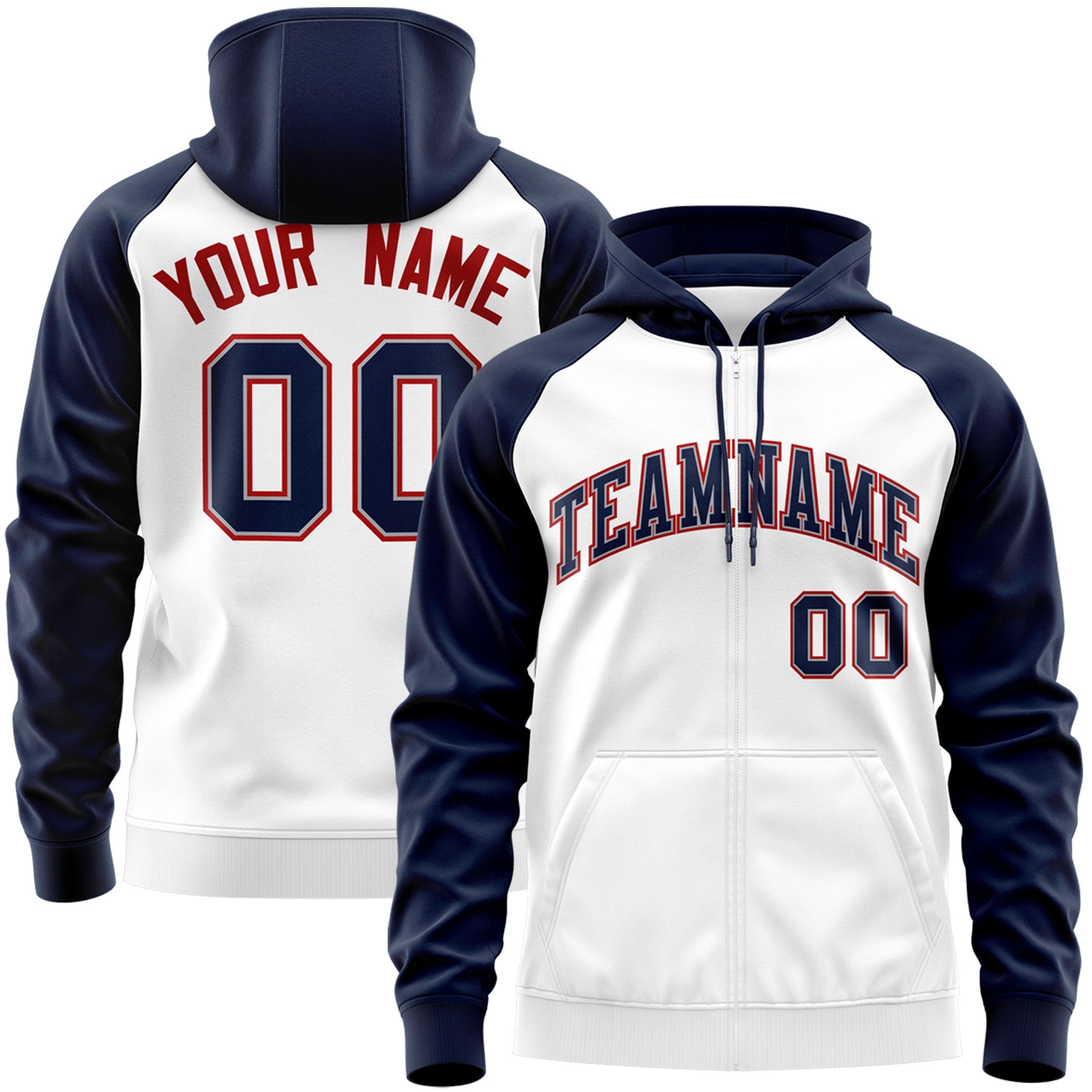 Custom Stitched White Navy-Red Raglan Sleeves Sports Full-Zip Sweatshirt Hoodie