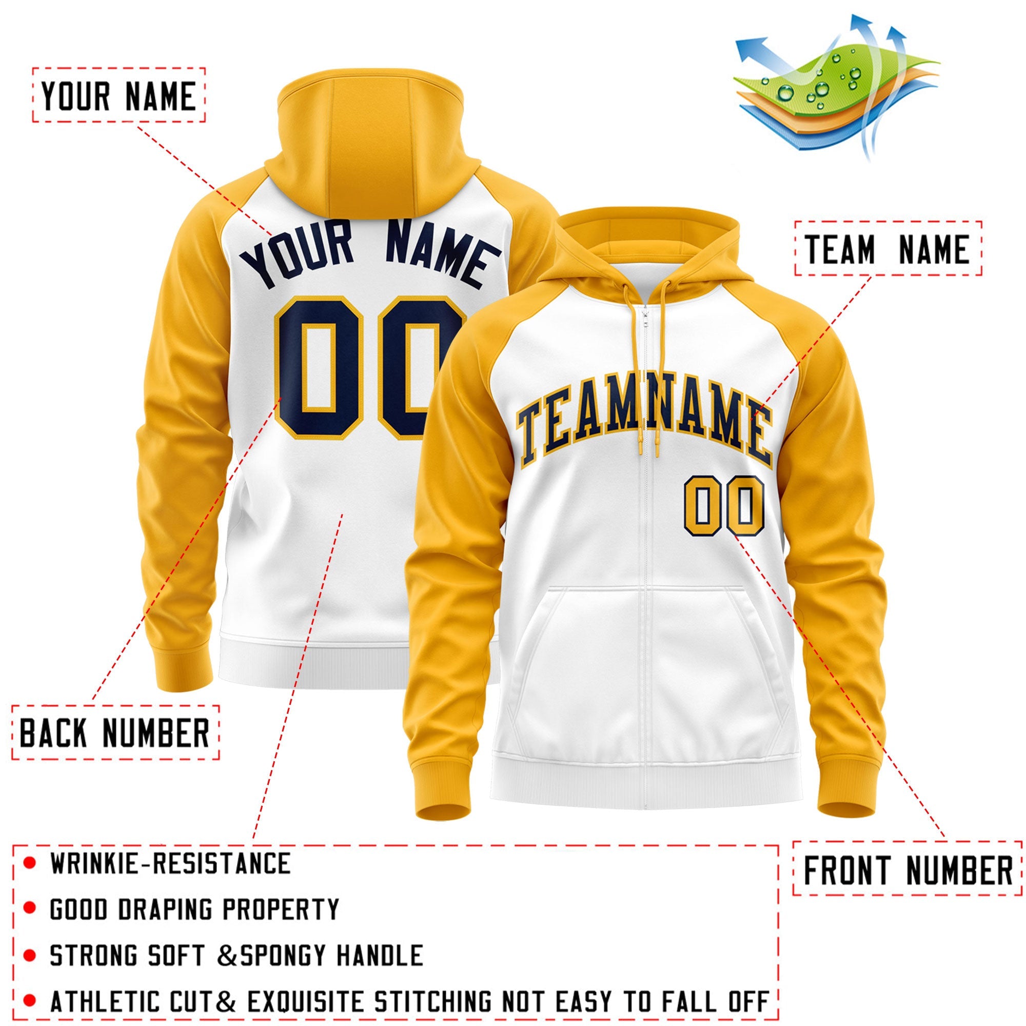 Custom Stitched White Navy-Gold Raglan Sleeves Sports Full-Zip Sweatshirt Hoodie