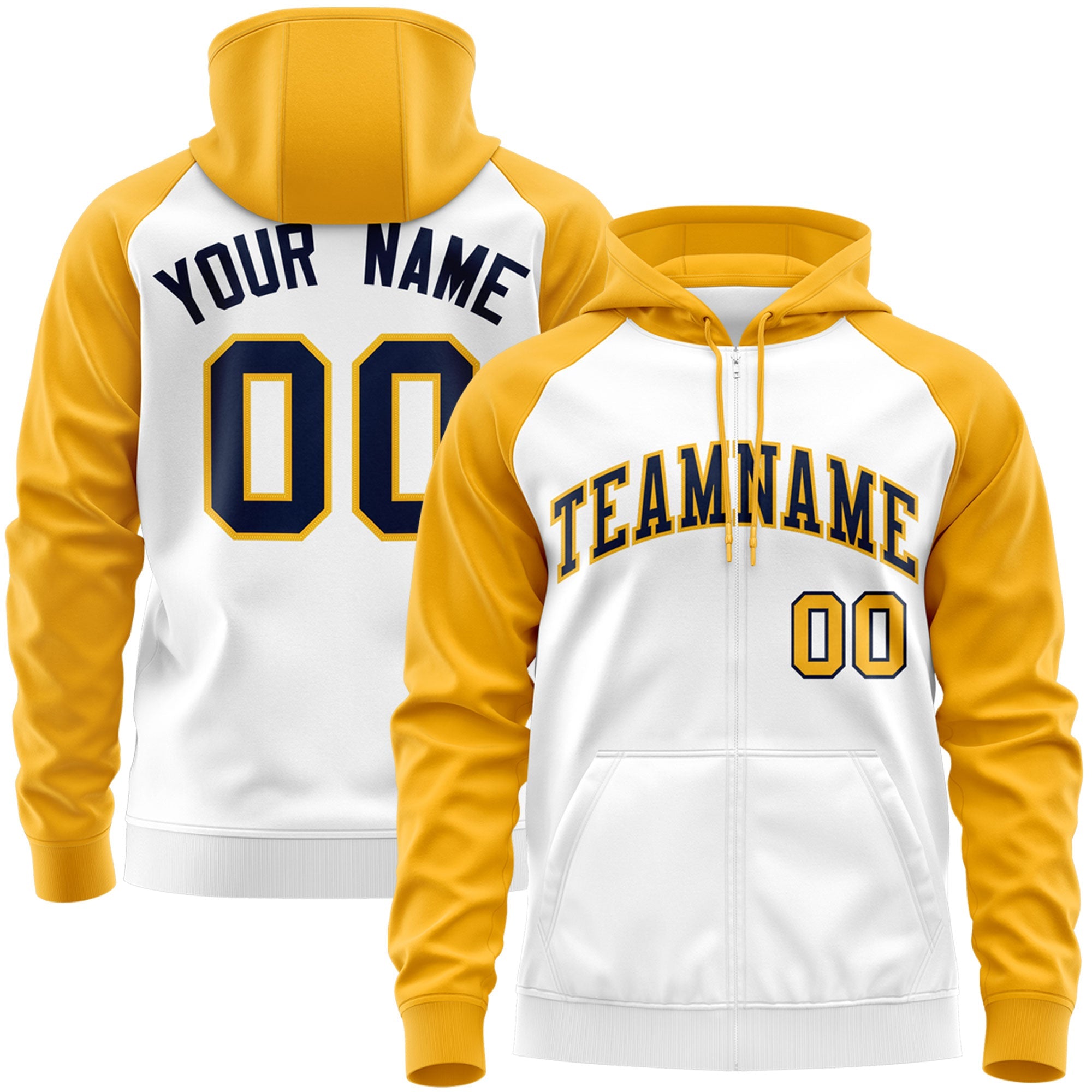 Custom Stitched White Navy-Gold Raglan Sleeves Sports Full-Zip Sweatshirt Hoodie