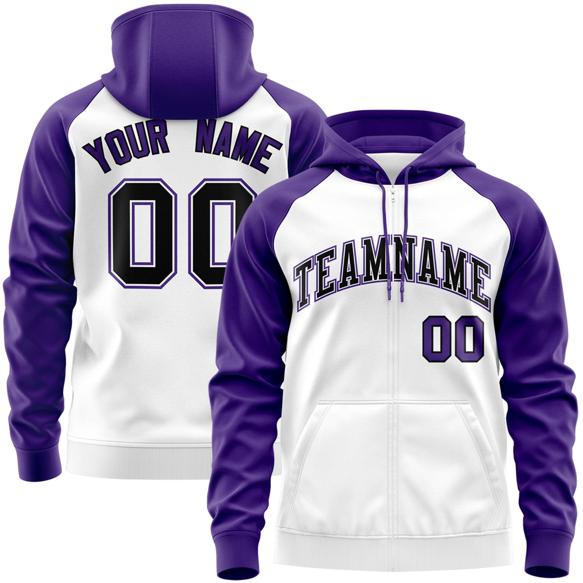 Custom Stitched White Black-Purple Raglan Sleeves Sports Full-Zip Sweatshirt Hoodie