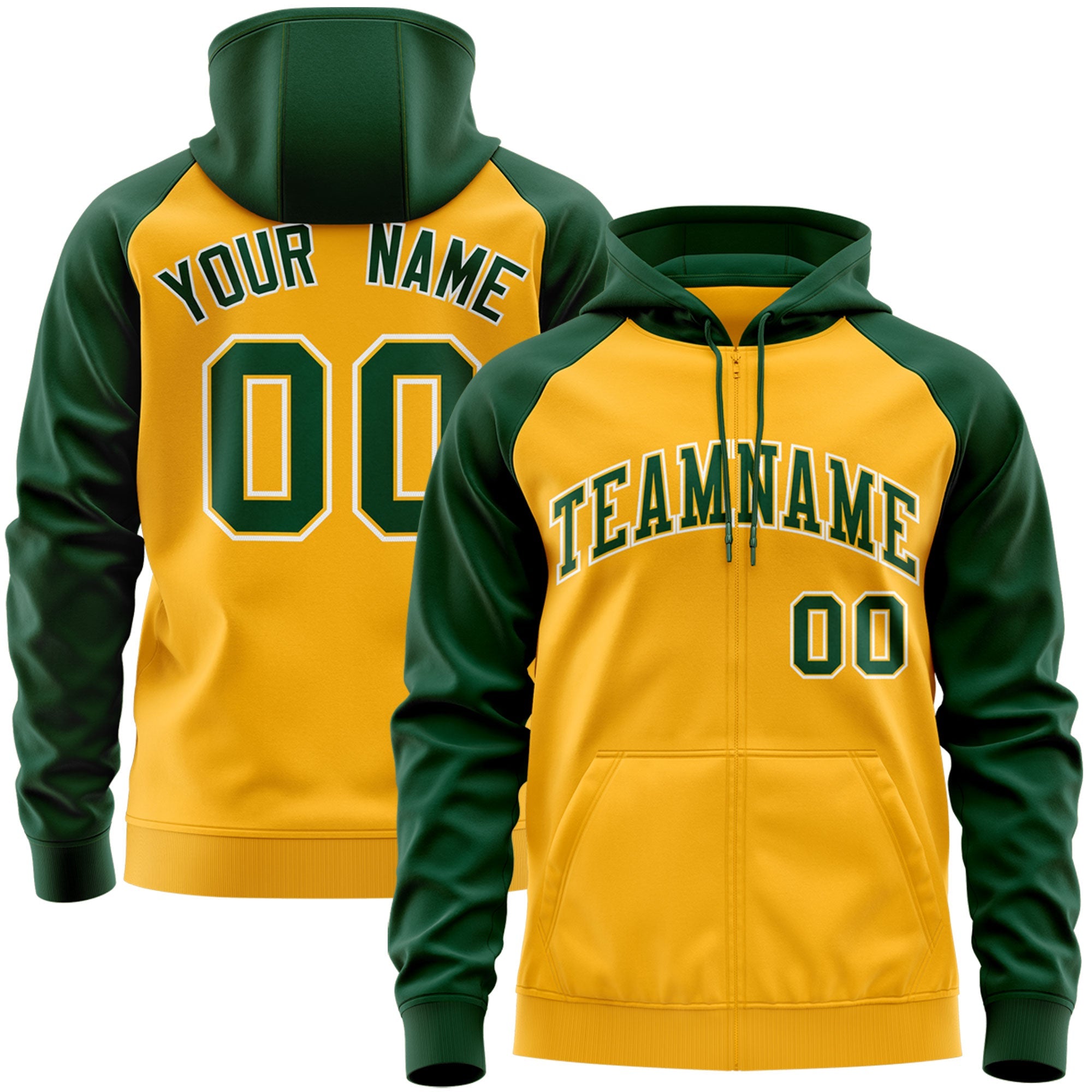 Custom Stitched Gold Green-White Raglan Sleeves Sports Full-Zip Sweatshirt Hoodie