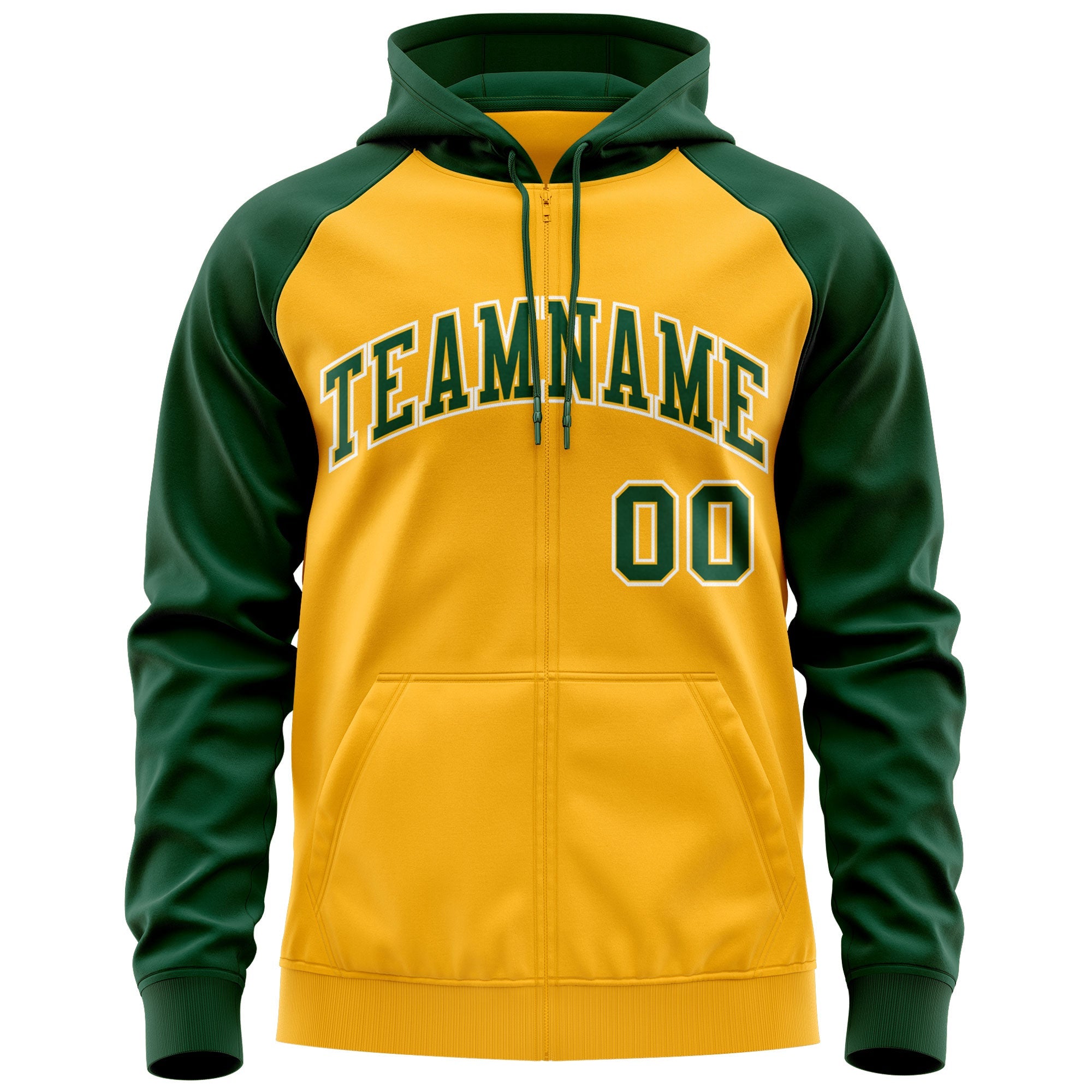 Custom Stitched Gold Green-White Raglan Sleeves Sports Full-Zip Sweatshirt Hoodie