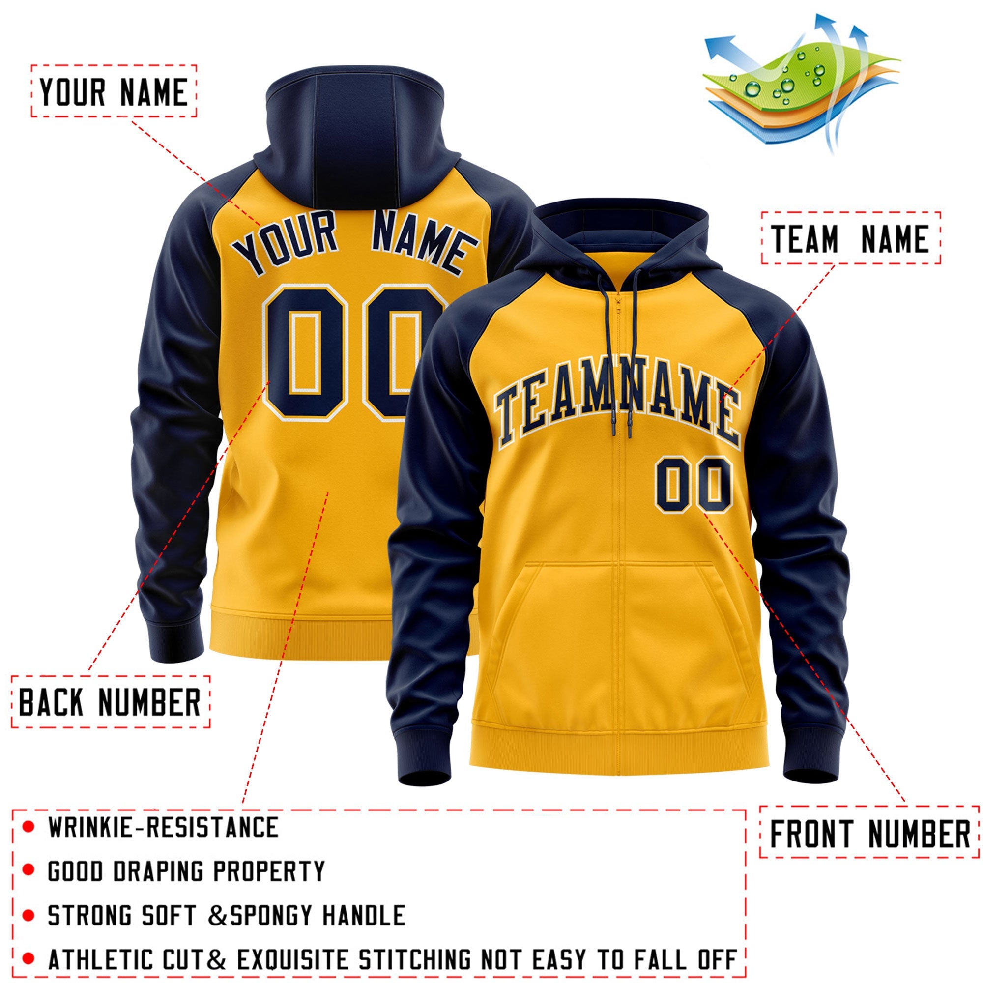 Custom Stitched Gold Navy-White Raglan Sleeves Sports Full-Zip Sweatshirt Hoodie