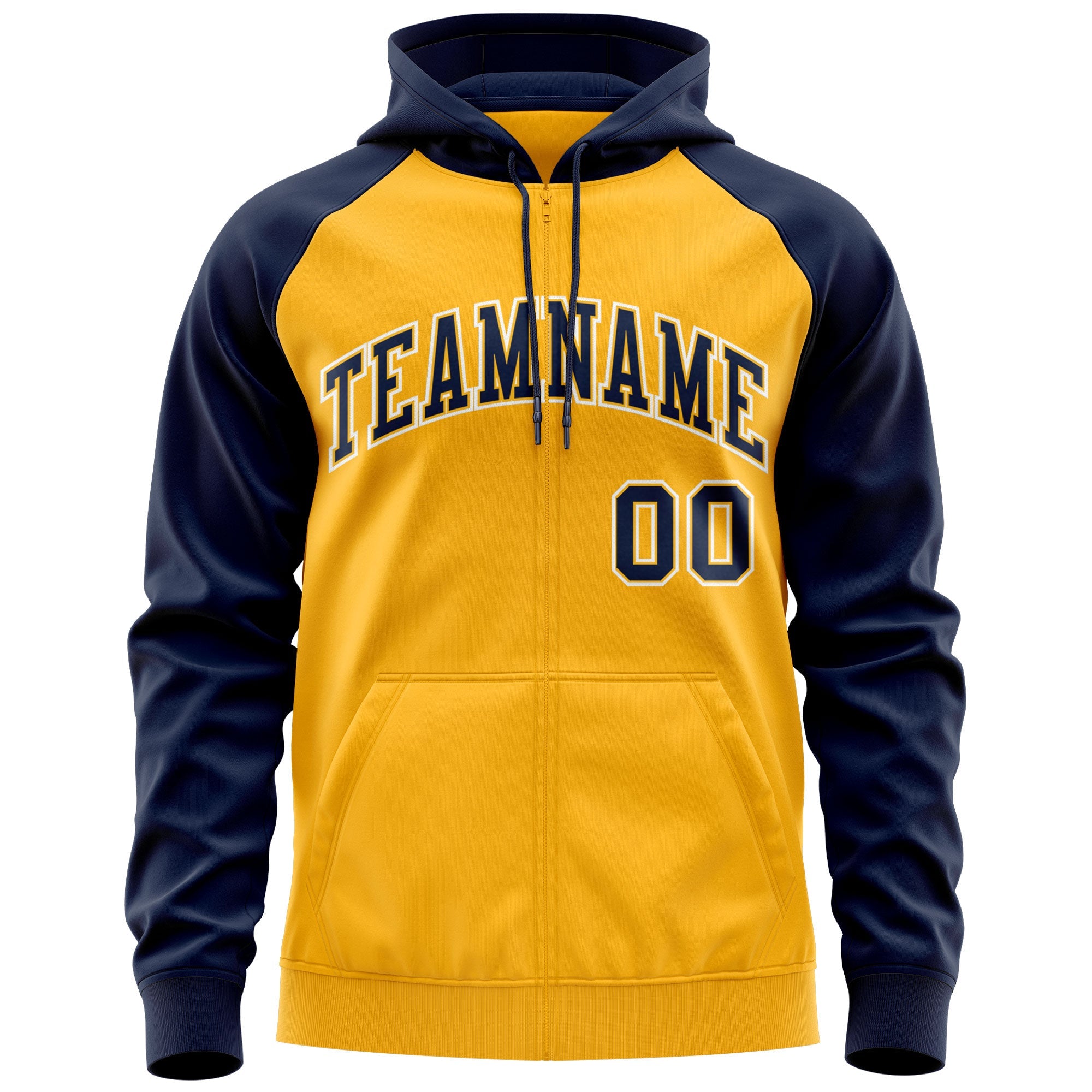 Custom Stitched Gold Navy-White Raglan Sleeves Sports Full-Zip Sweatshirt Hoodie