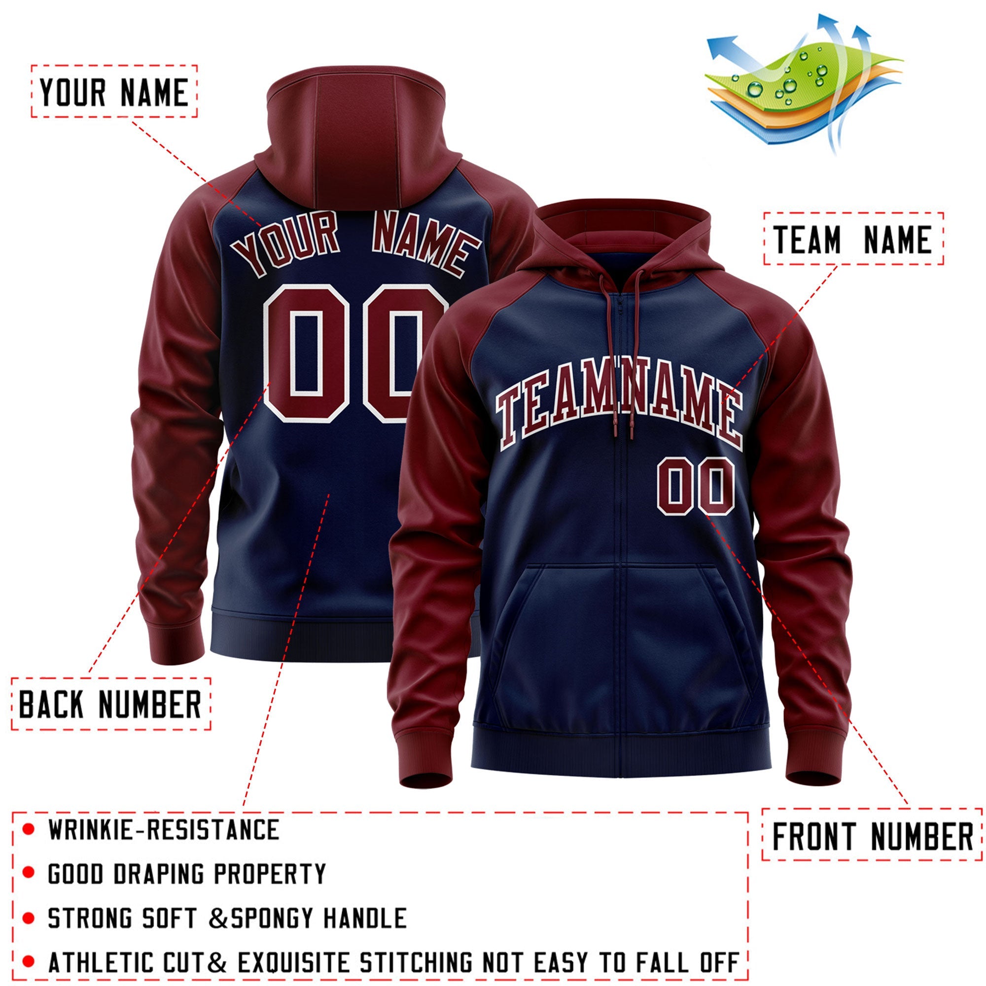 Custom Stitched Navy Crimson-White Raglan Sleeves Sports Full-Zip Sweatshirt Hoodie