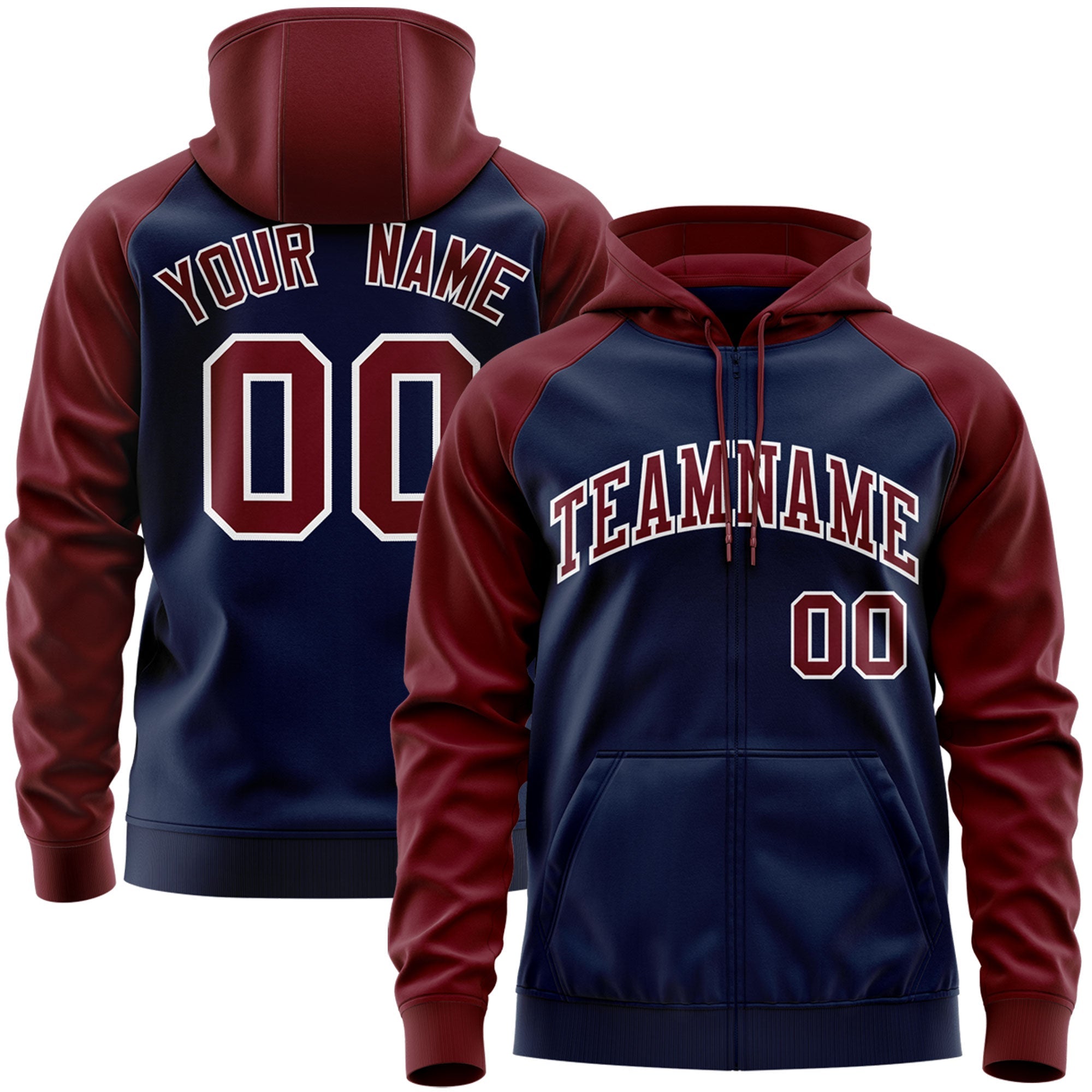 Custom Stitched Navy Crimson-White Raglan Sleeves Sports Full-Zip Sweatshirt Hoodie