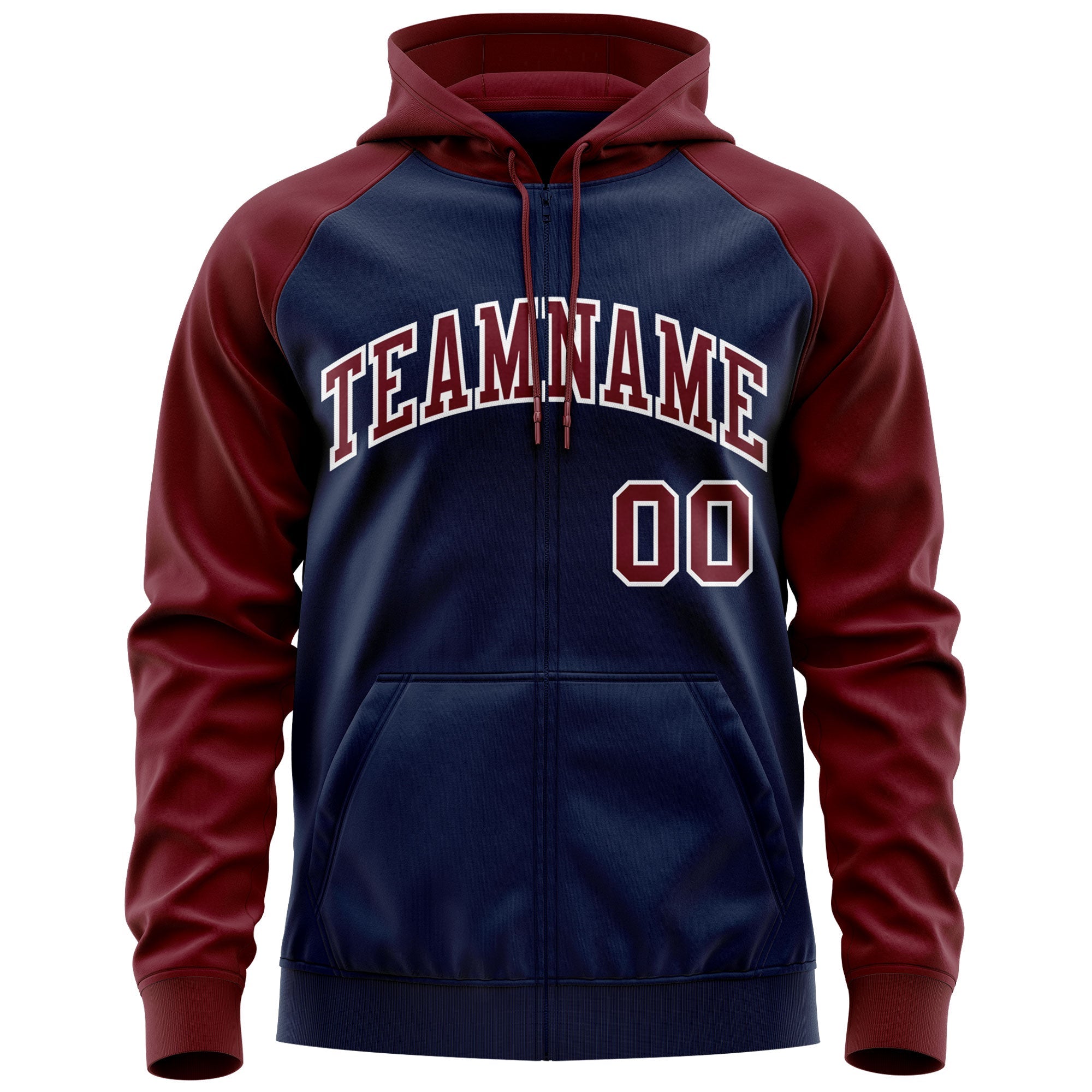 Custom Stitched Navy Crimson-White Raglan Sleeves Sports Full-Zip Sweatshirt Hoodie