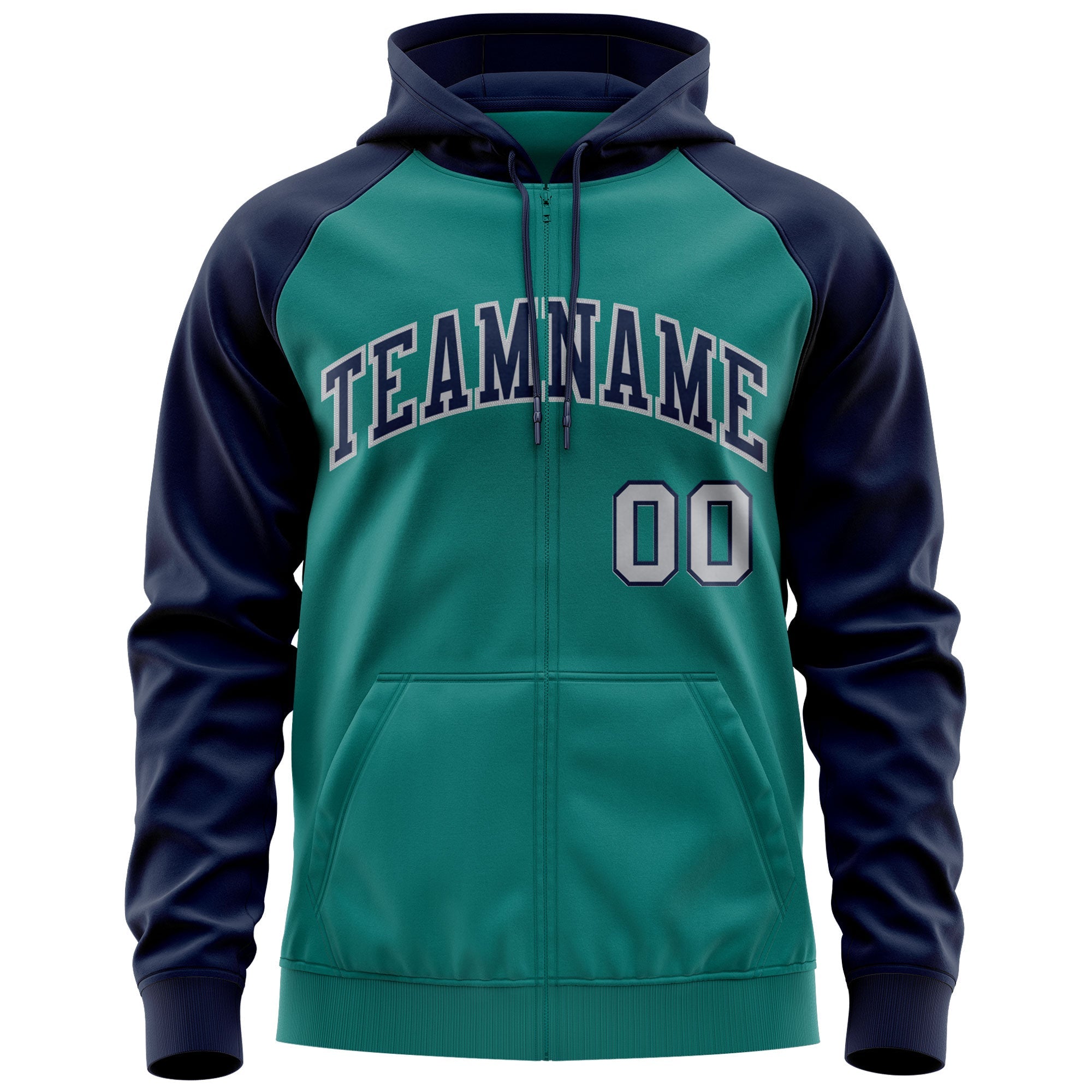 Custom Stitched Aqua Navy-Gray Raglan Sleeves Sports Full-Zip Sweatshirt Hoodie