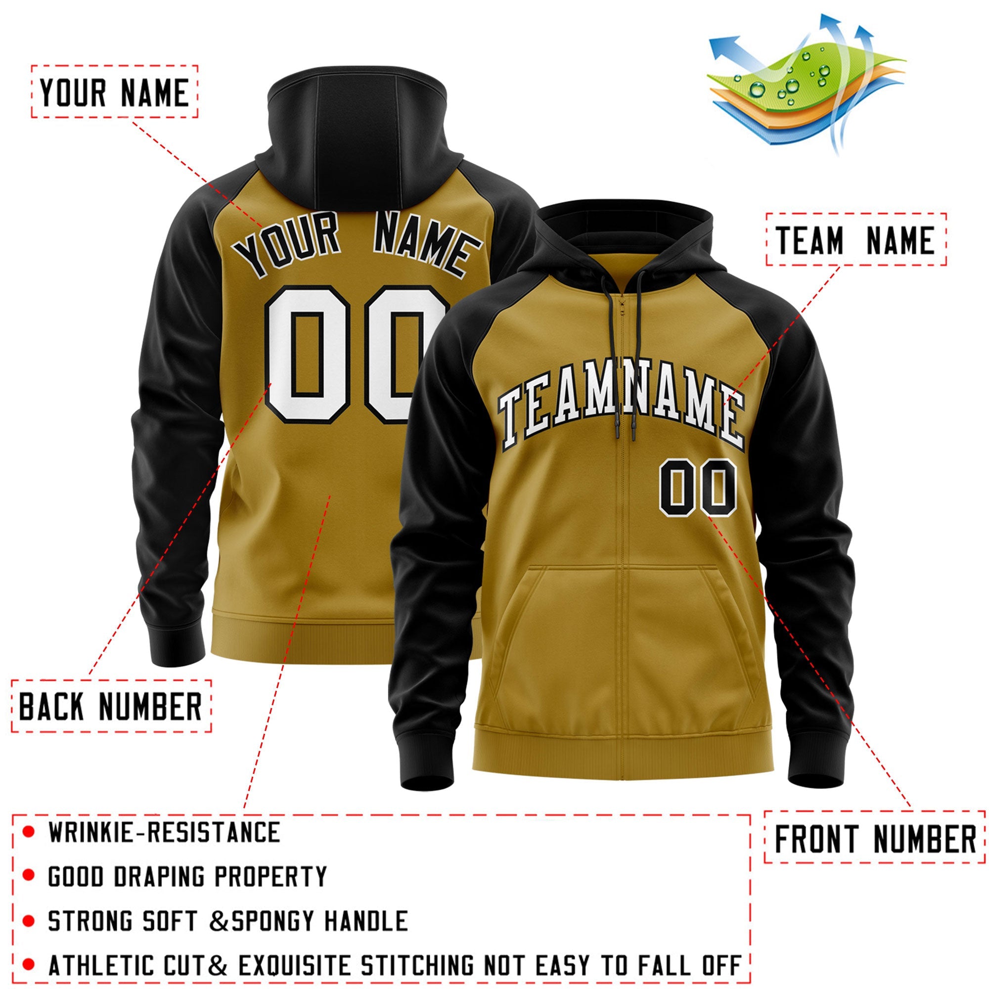 Custom Stitched Old Gold White-Black Raglan Sleeves Sports Full-Zip Sweatshirt Hoodie