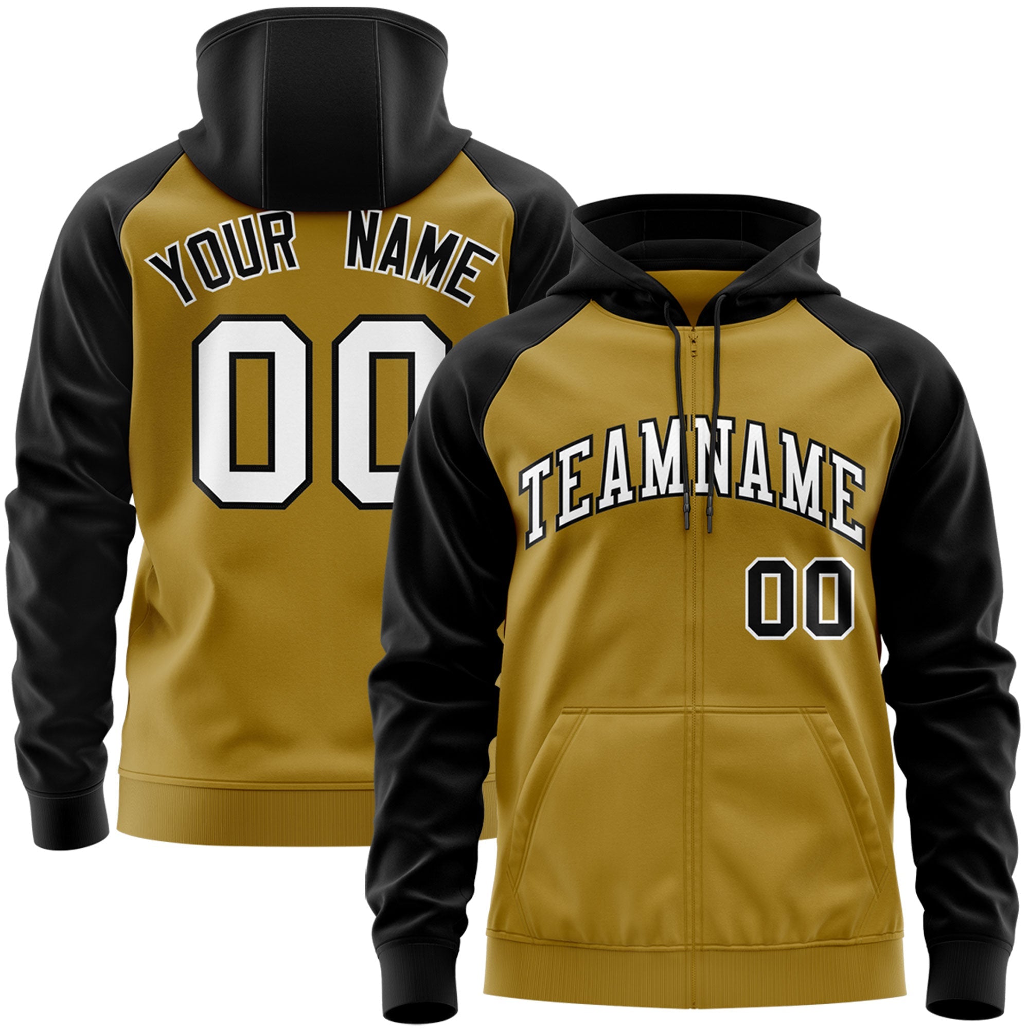 Custom Stitched Old Gold White-Black Raglan Sleeves Sports Full-Zip Sweatshirt Hoodie