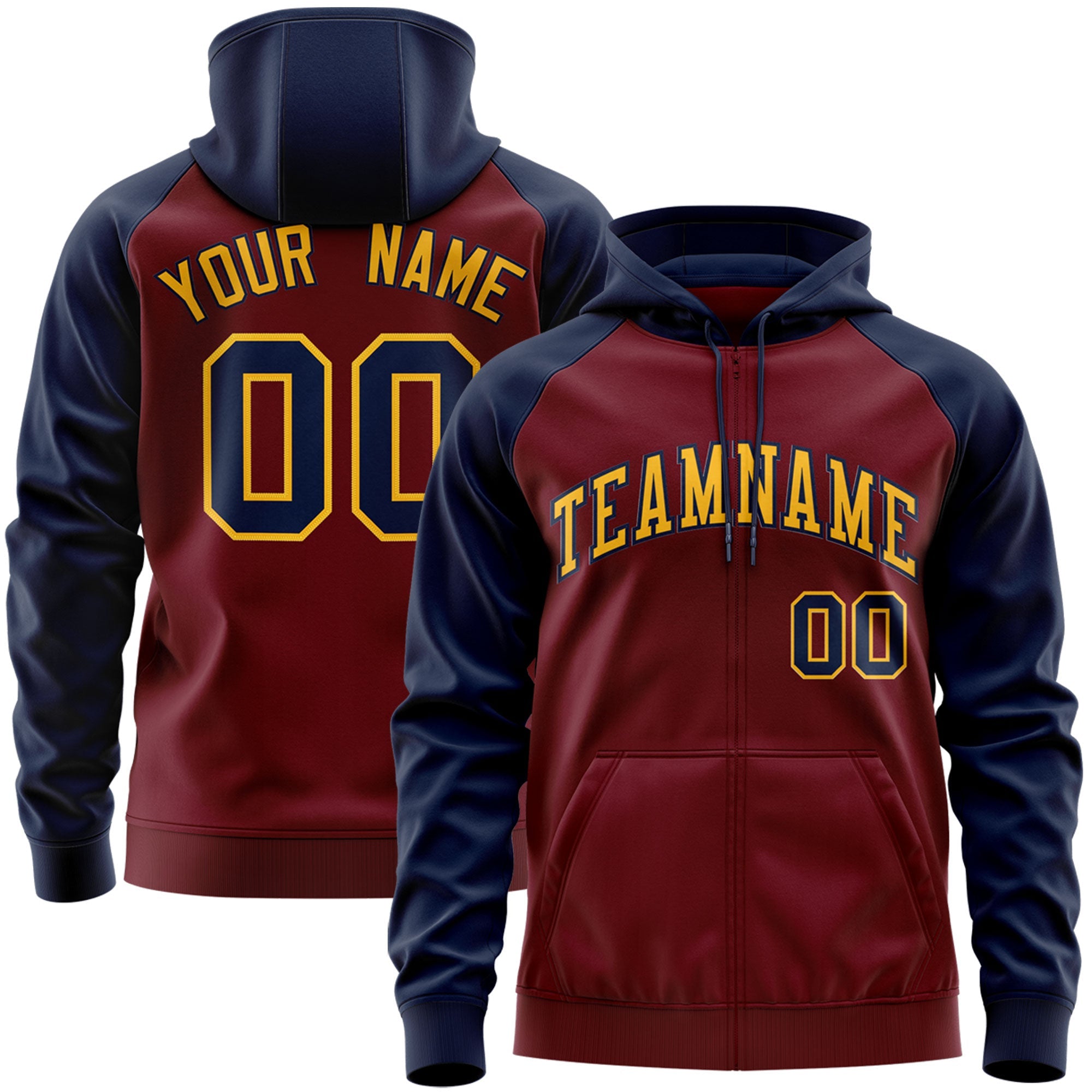 Custom Stitched Crimson Gold-Navy Raglan Sleeves Sports Full-Zip Sweatshirt Hoodie