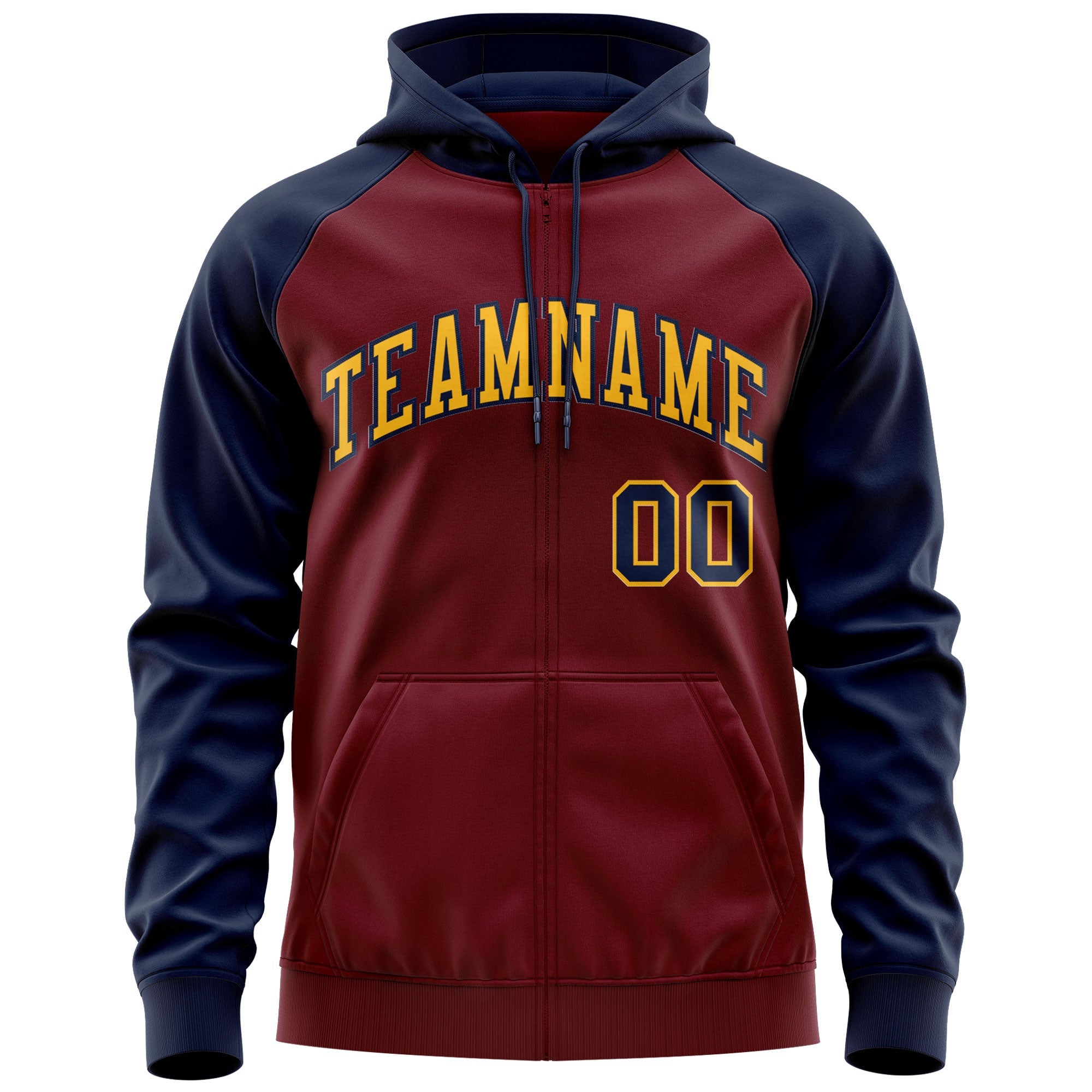 Custom Stitched Crimson Gold-Navy Raglan Sleeves Sports Full-Zip Sweatshirt Hoodie