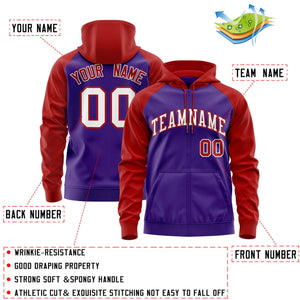 Custom Stitched Purple White-Red Raglan Sleeves Sports Full-Zip Sweatshirt Hoodie