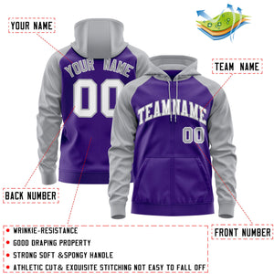 Custom Stitched Purple White-Gray Raglan Sleeves Sports Full-Zip Sweatshirt Hoodie