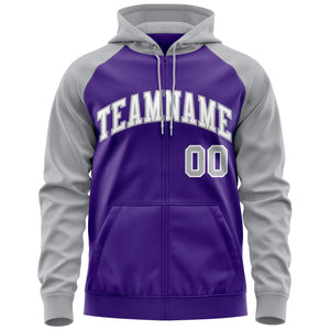 Custom Stitched Purple White-Gray Raglan Sleeves Sports Full-Zip Sweatshirt Hoodie