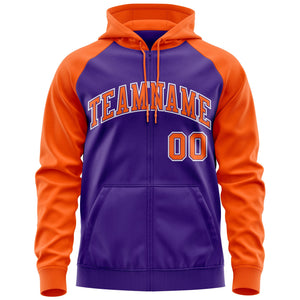 Custom Stitched Purple Orange Raglan Sleeves Sports Full-Zip Sweatshirt Hoodie