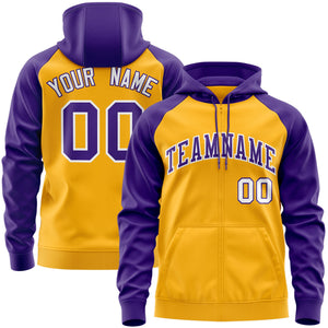 Custom Stitched Gold Purple-White Raglan Sleeves Sports Full-Zip Sweatshirt Hoodie