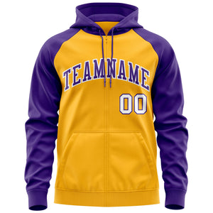 Custom Stitched Gold Purple-White Raglan Sleeves Sports Full-Zip Sweatshirt Hoodie