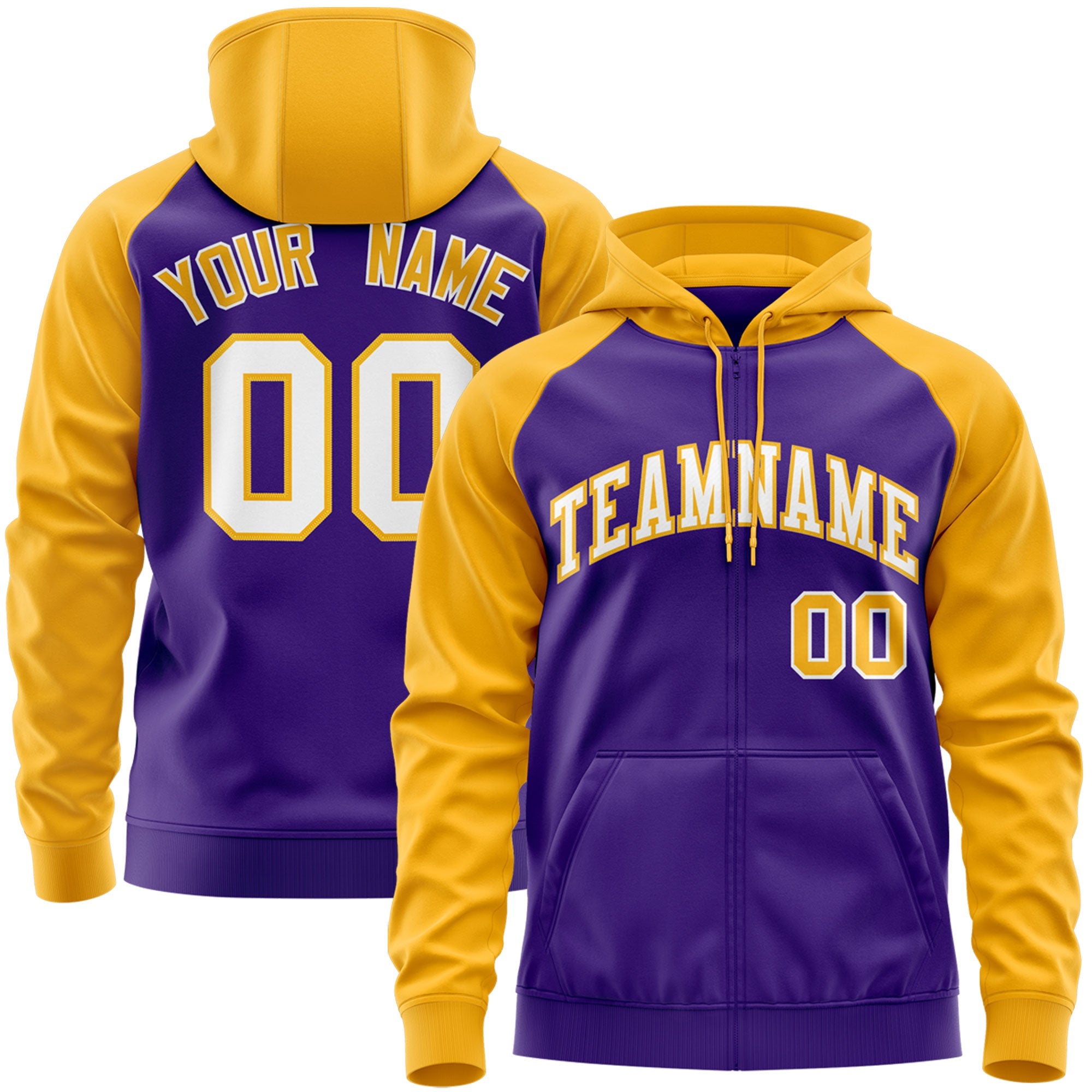 Custom Stitched Purple Gold Raglan Sleeves Sports Full-Zip Sweatshirt Hoodie