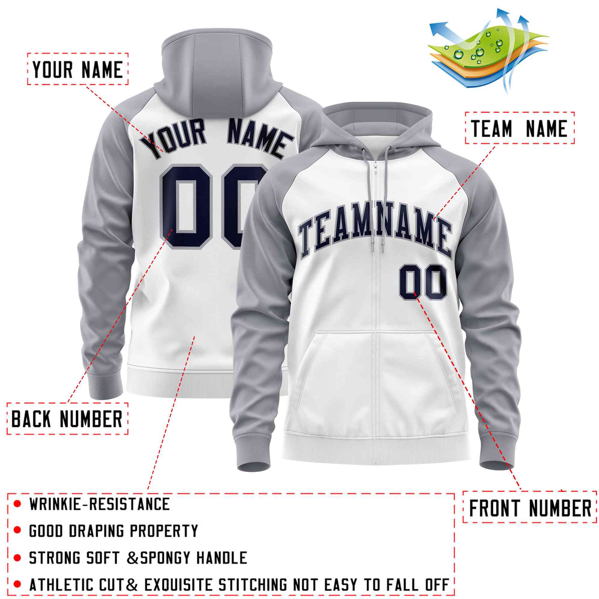 Custom Stitched White Light Gray-Navy Raglan Sleeves Sports Full-Zip Sweatshirt Hoodie