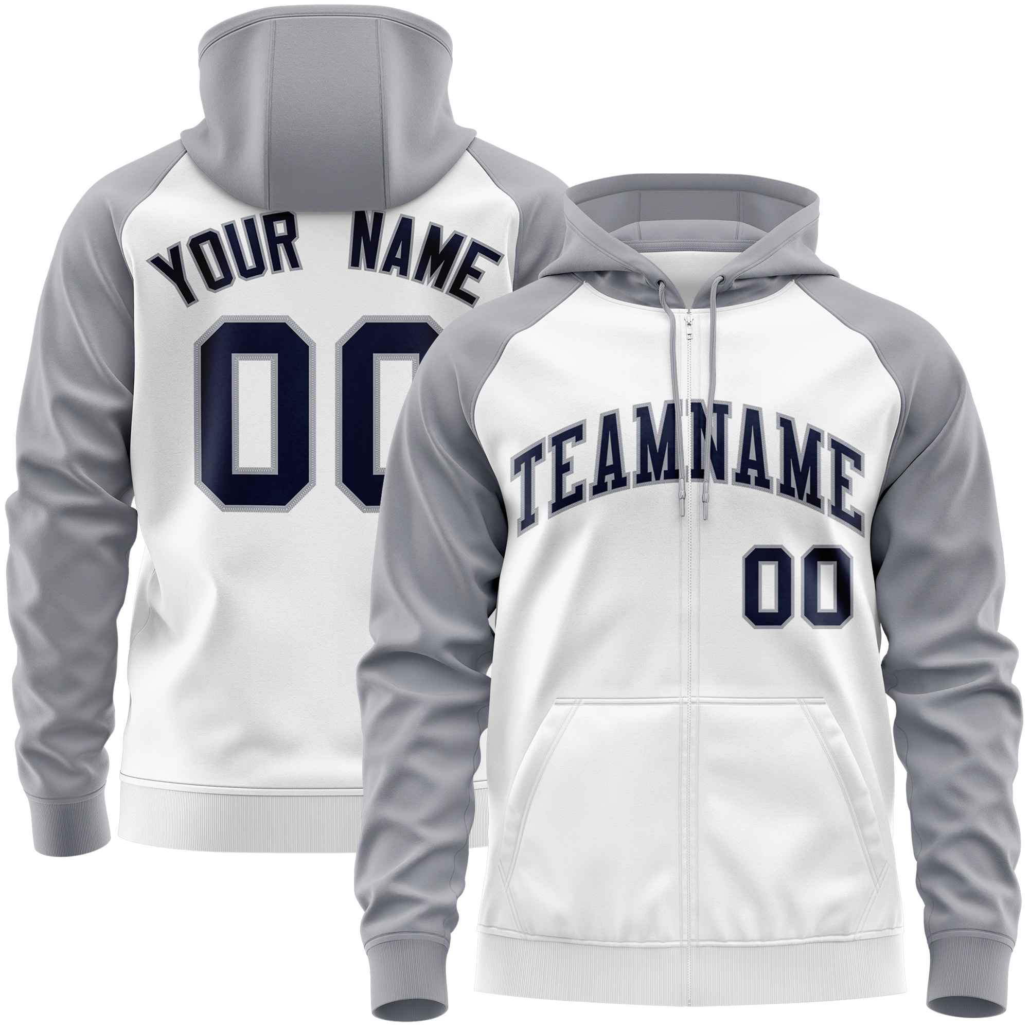 Custom Stitched White Light Gray-Navy Raglan Sleeves Sports Full-Zip Sweatshirt Hoodie