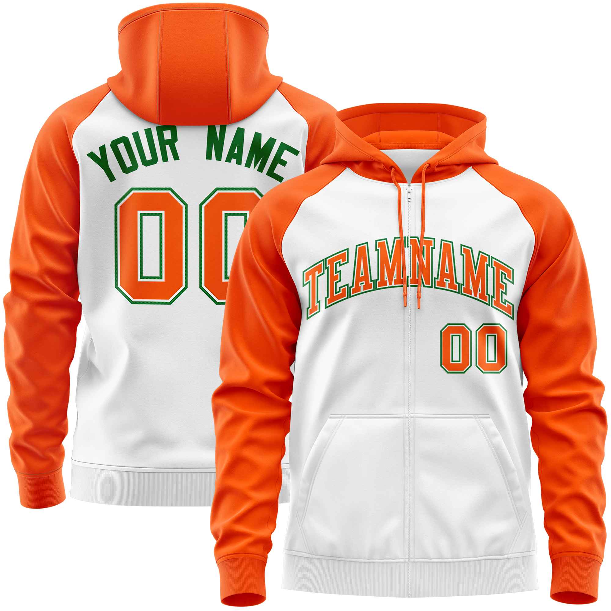 Custom Stitched White Orange Raglan Sleeves Sports Full-Zip Sweatshirt Hoodie