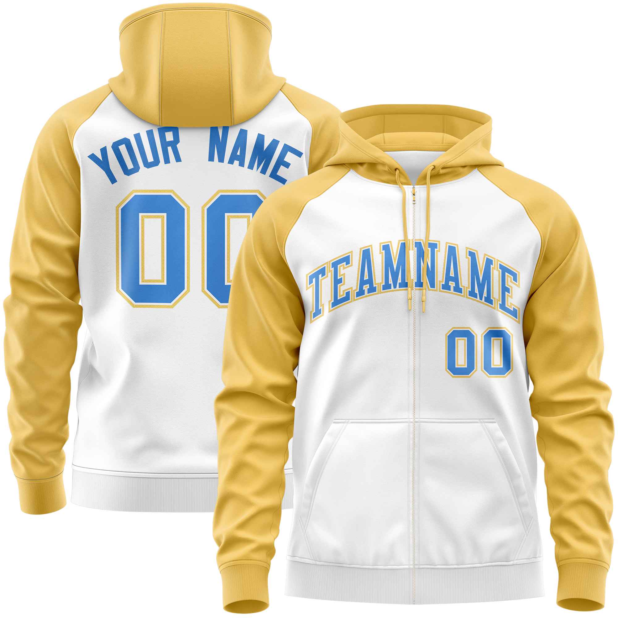 Custom Stitched White Yellow-Powder Blue Raglan Sleeves Sports Full-Zip Sweatshirt Hoodie