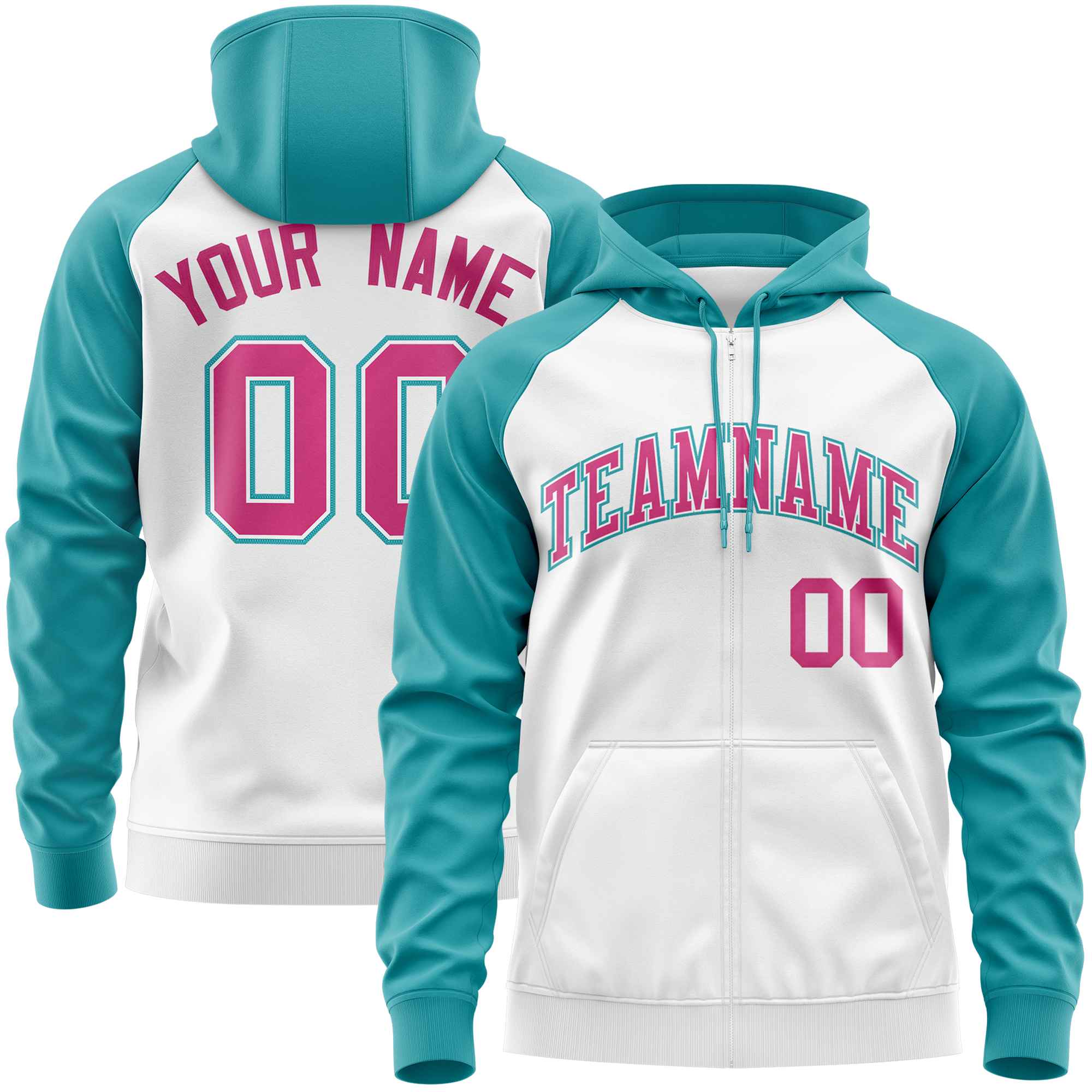 Custom Stitched White Aqua-Rose Red Raglan Sleeves Sports Full-Zip Sweatshirt Hoodie