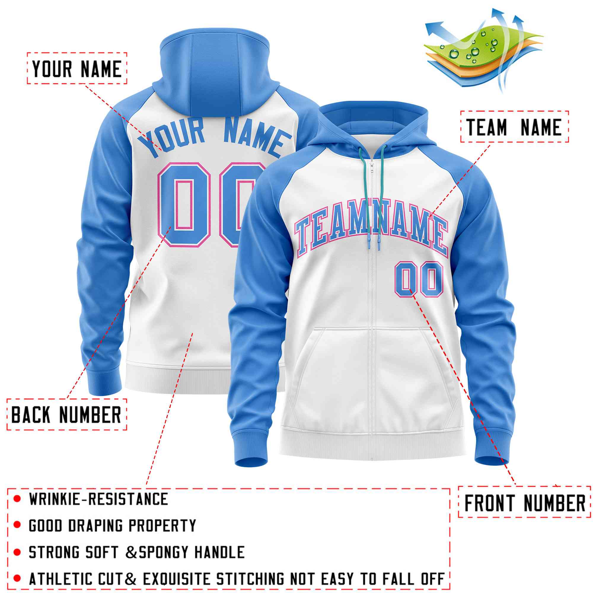 Custom Stitched White Powder Blue Raglan Sleeves Sports Full-Zip Sweatshirt Hoodie