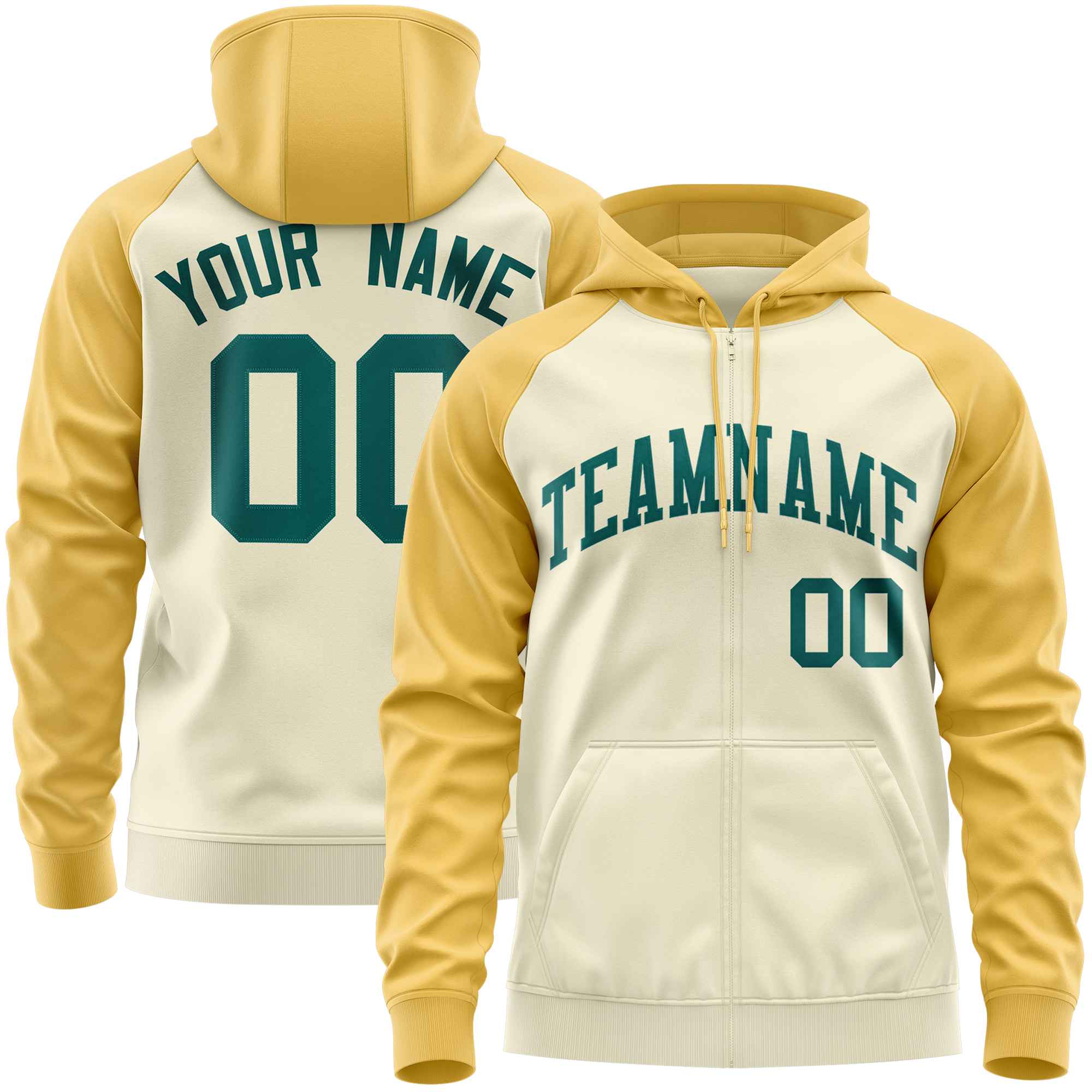 Custom Stitched Cream Yellow-Aqua Raglan Sleeves Sports Full-Zip Sweatshirt Hoodie