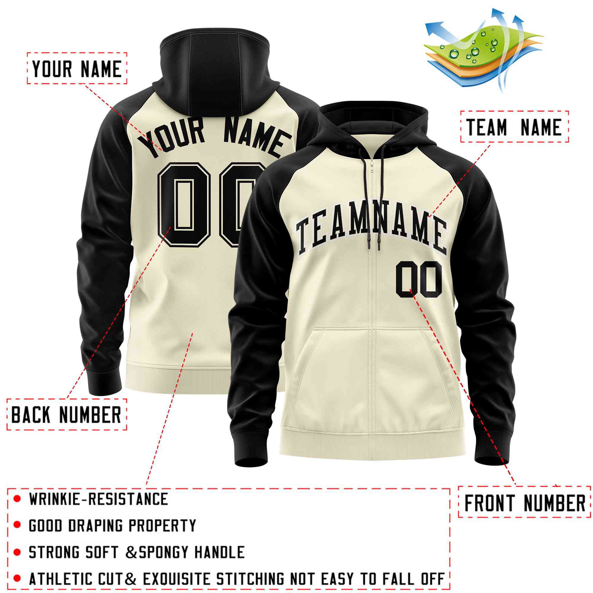 Custom Stitched Cream Black Raglan Sleeves Sports Full-Zip Sweatshirt Hoodie