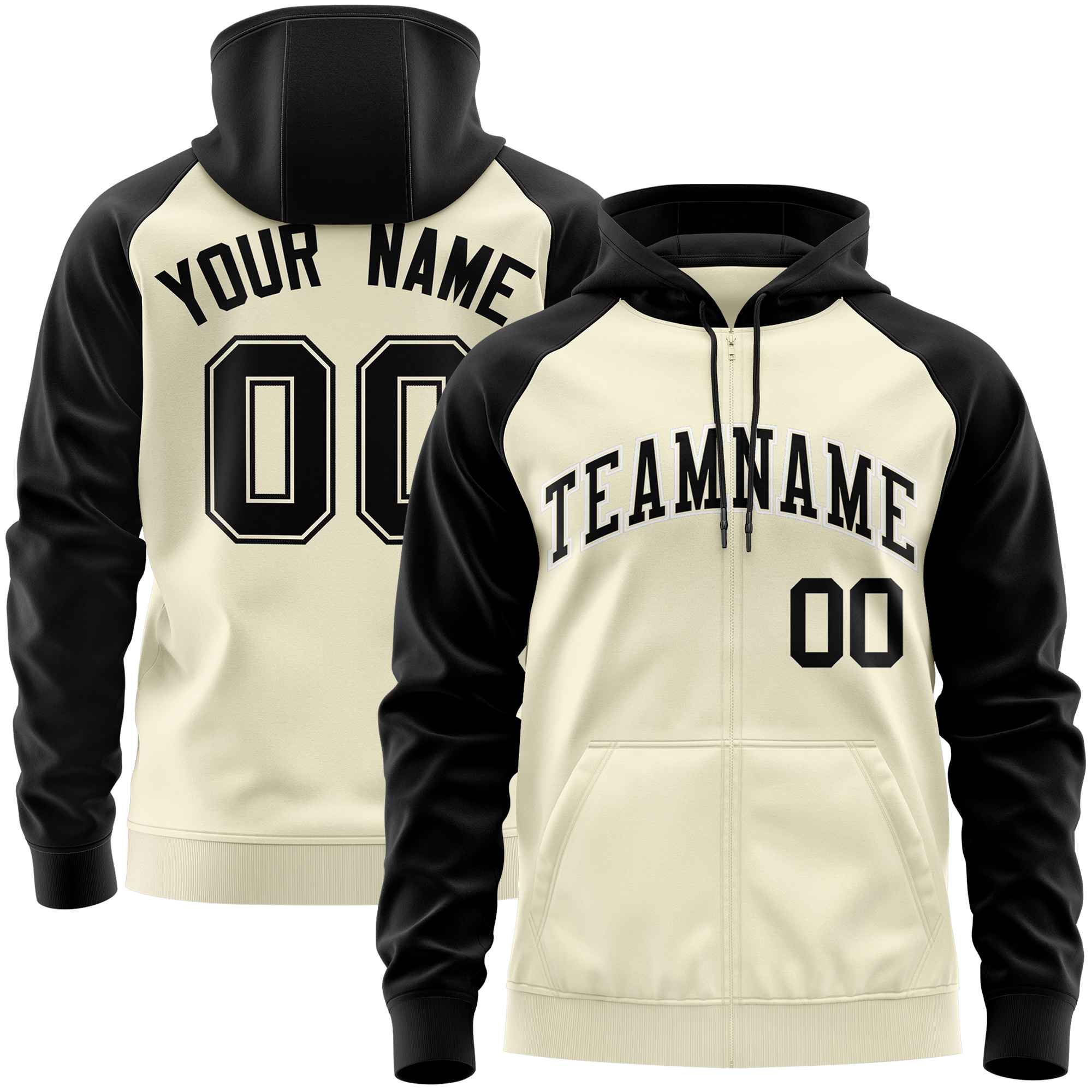 Custom Stitched Cream Black Raglan Sleeves Sports Full-Zip Sweatshirt Hoodie